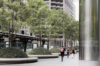 People walking through a modern urban park with trees