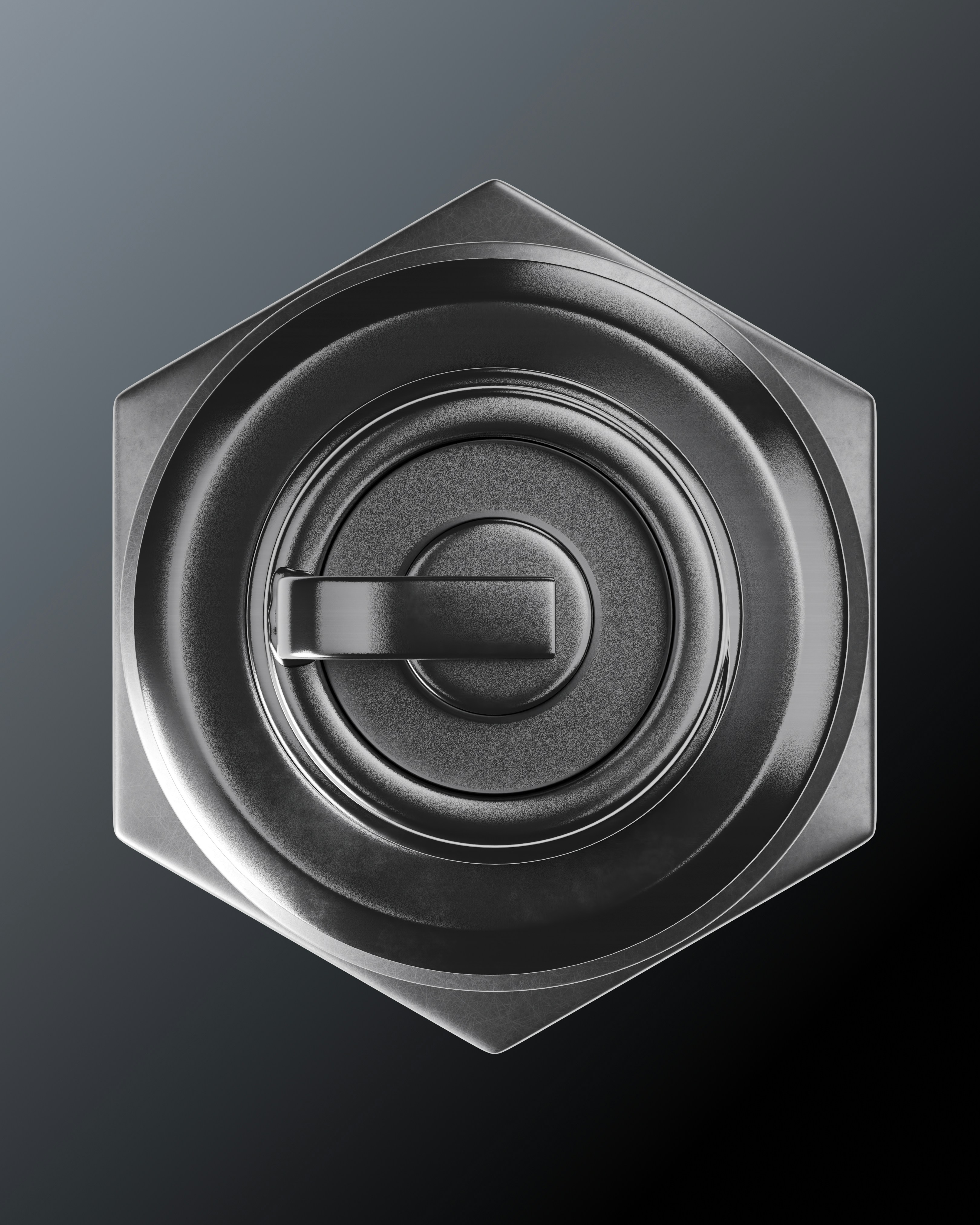 A shiny metallic hexagonal object with a central button