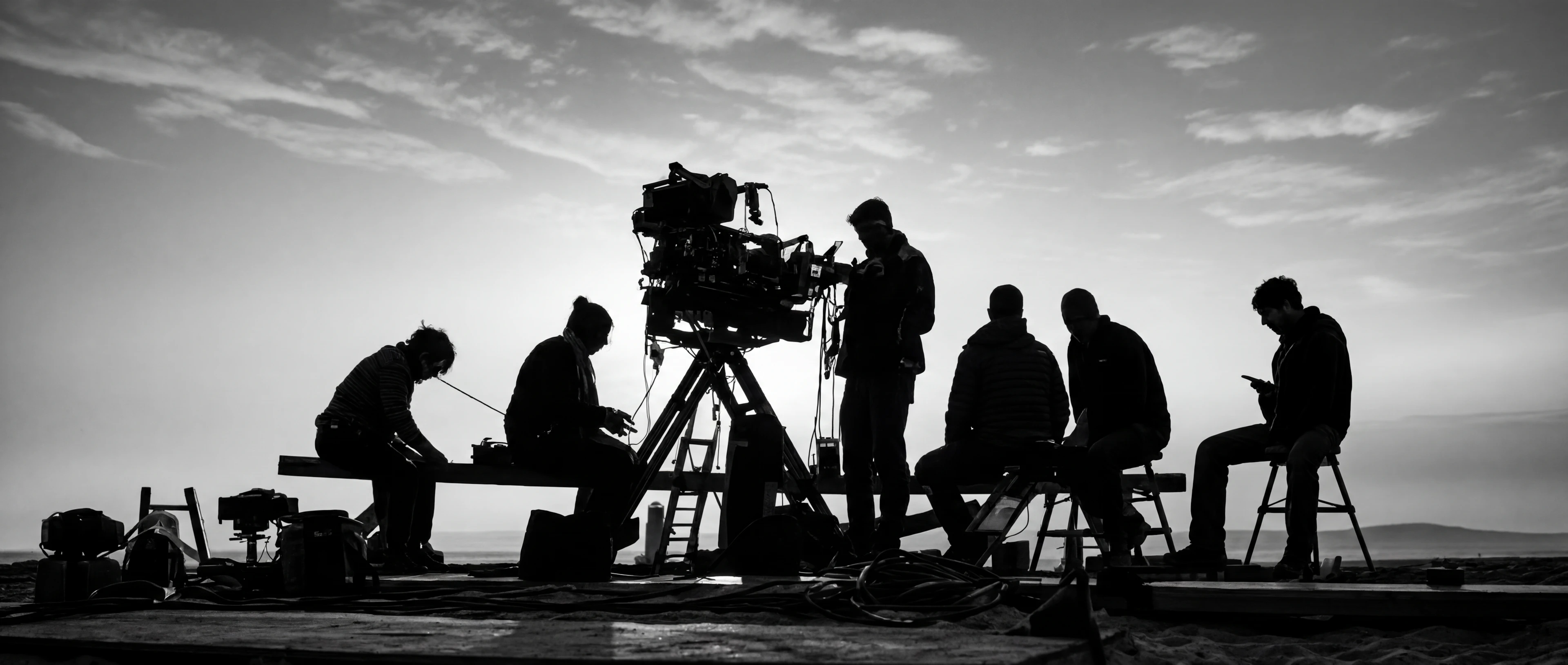Film crew setting up a cinema camera outdoors