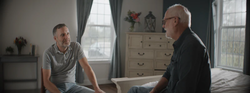 A younger man talking with an older man in a sunlit bedroom