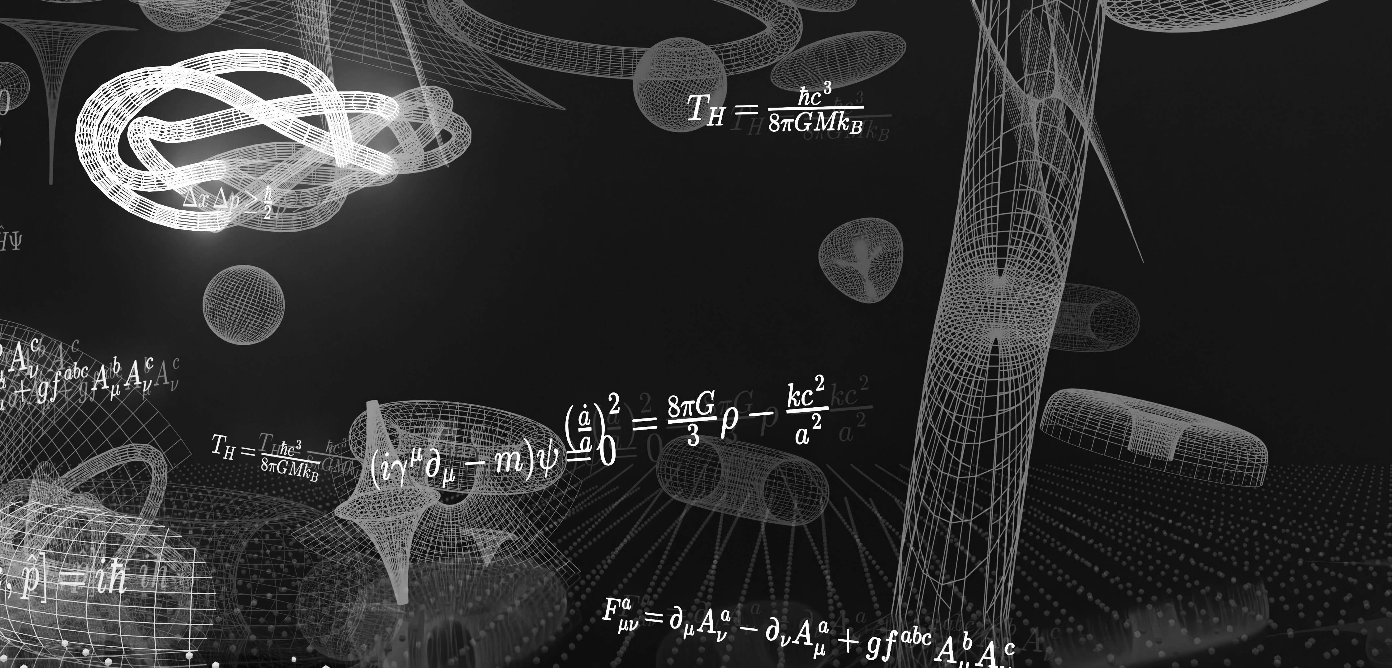 Abstract scientific visualization with mathematical equations and wireframe structures.