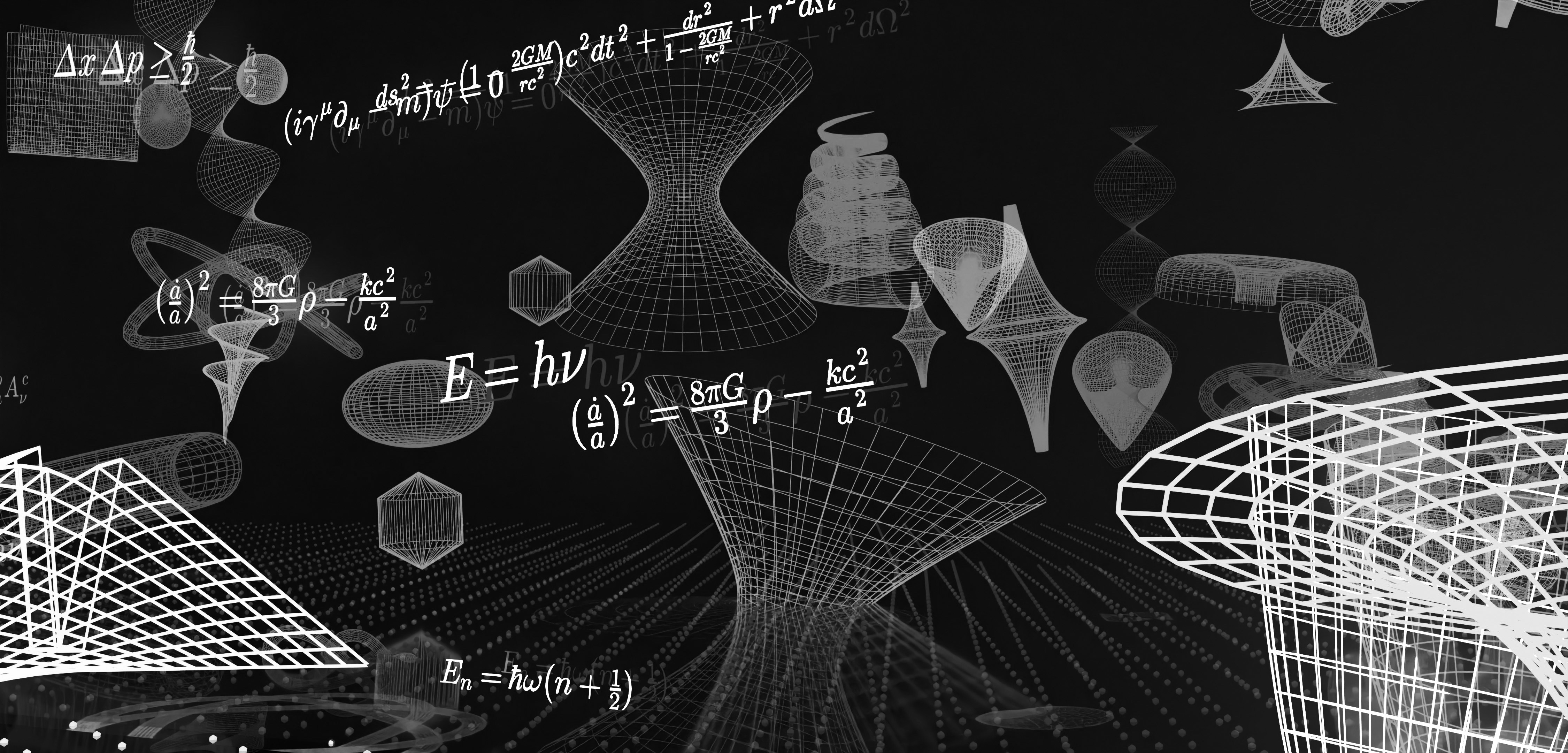 Mathematische Formeln und Drahtgitter-3D-Formen auf schwarzem Hintergrund.