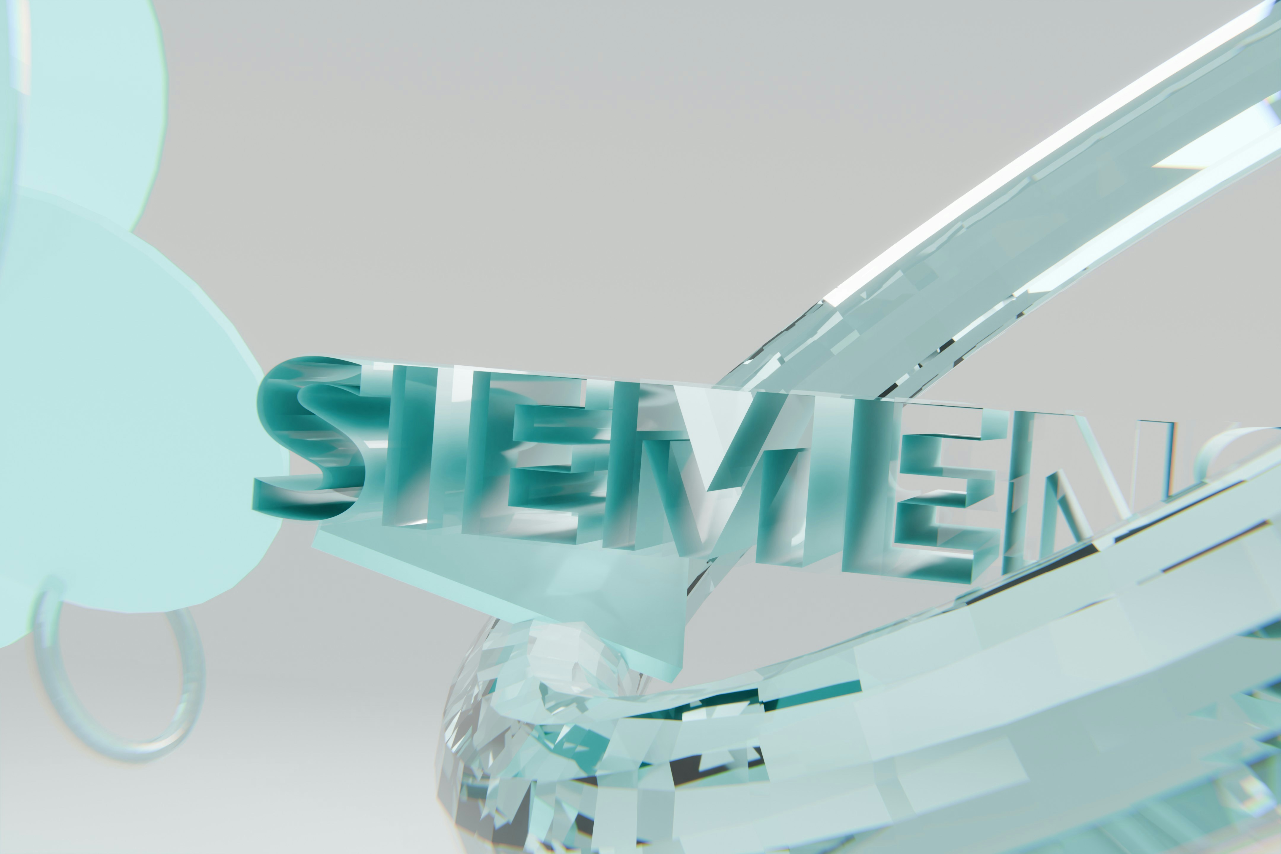 Teal 3D "siemens" logo with abstract glassy shapes.