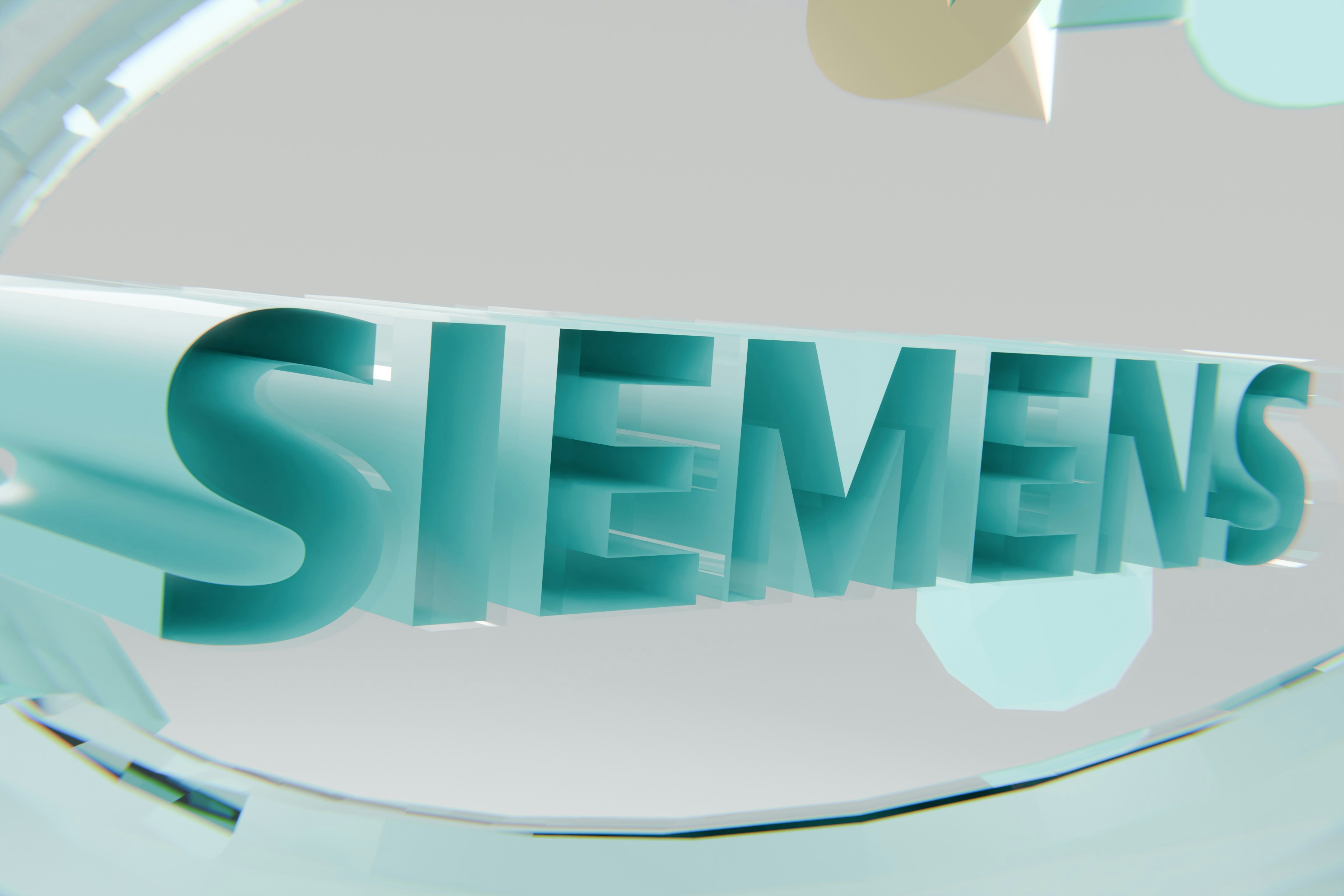3D siemens logo in light blue with abstract shapes.