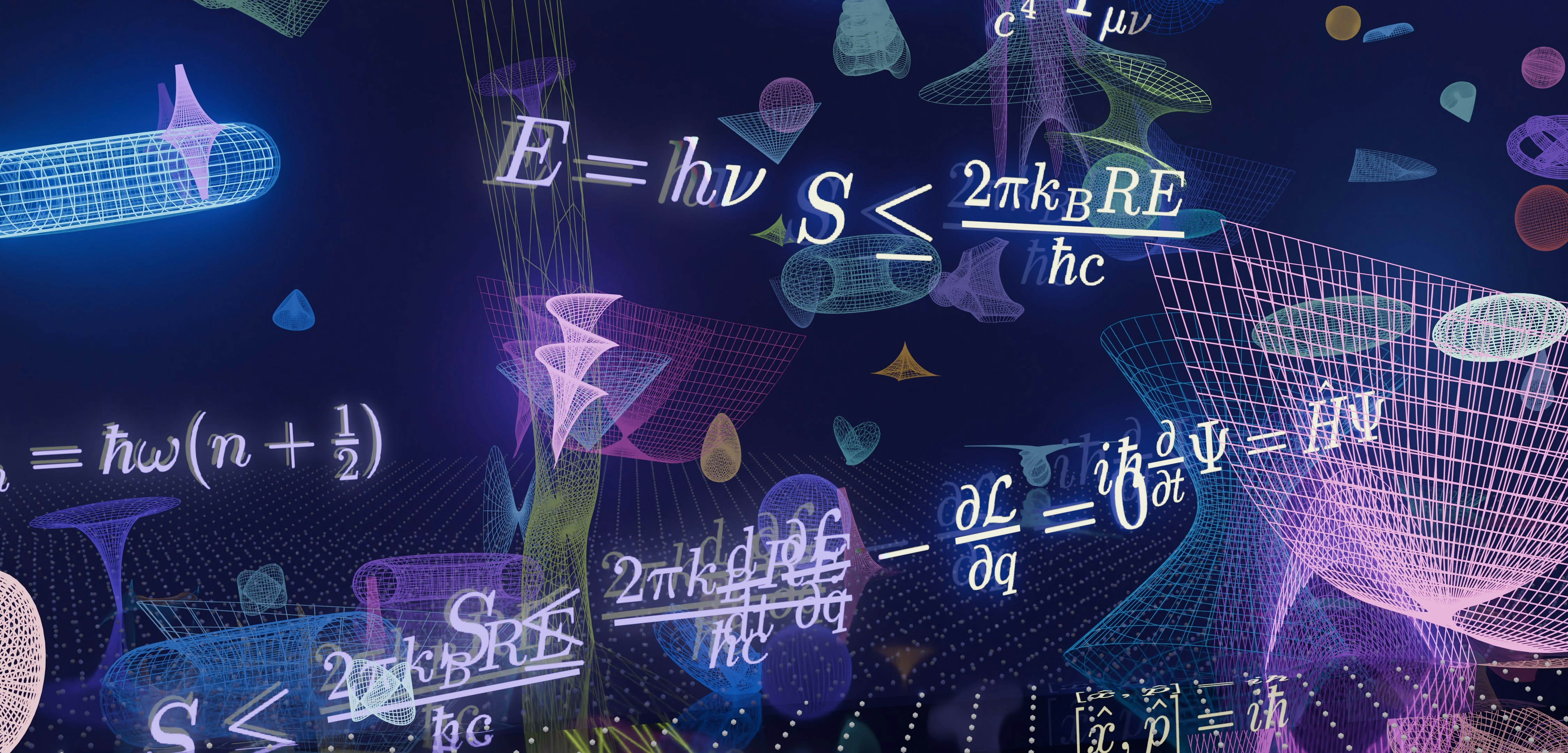 Glowing scientific formulas and abstract shapes on a dark background.