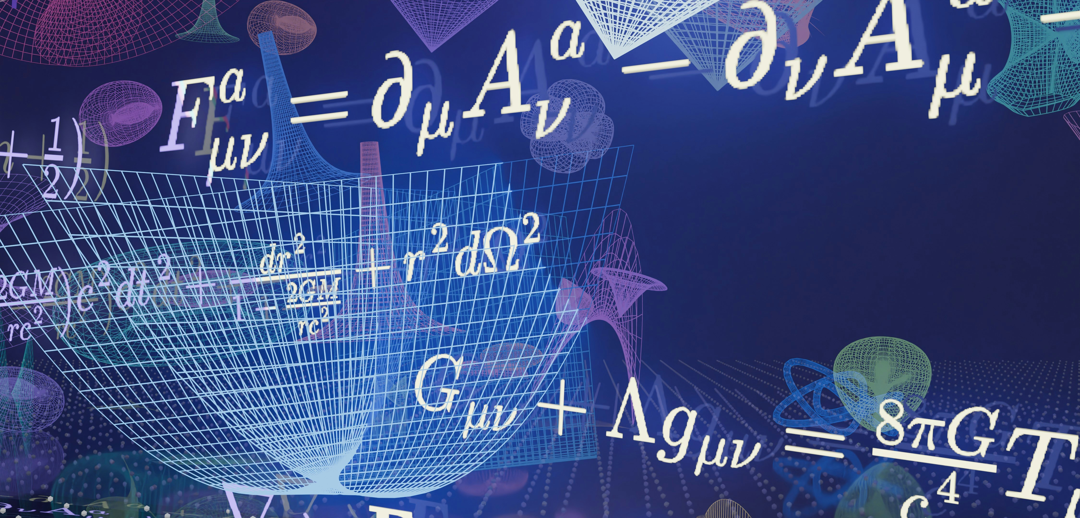 Complex physics equations and abstract shapes on a blue background.