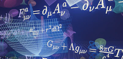 Complex physics equations and abstract shapes on a blue background
