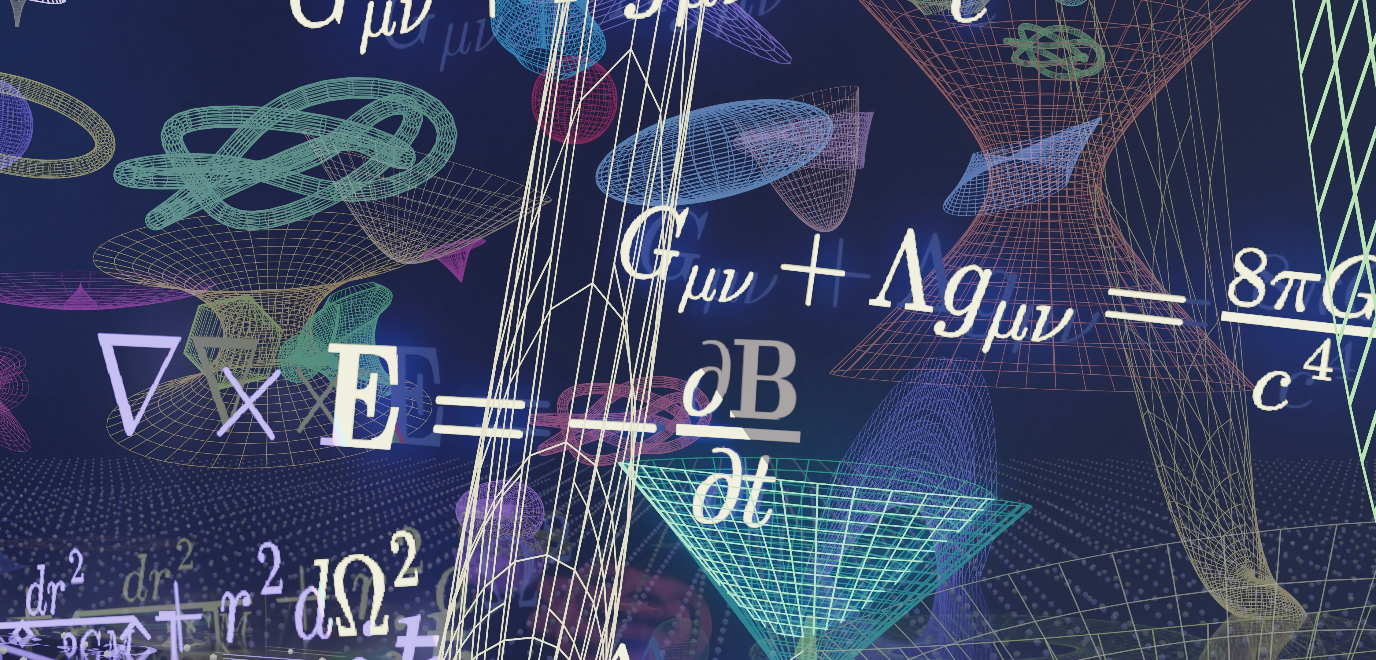 Complex physics equations and abstract wireframe shapes.