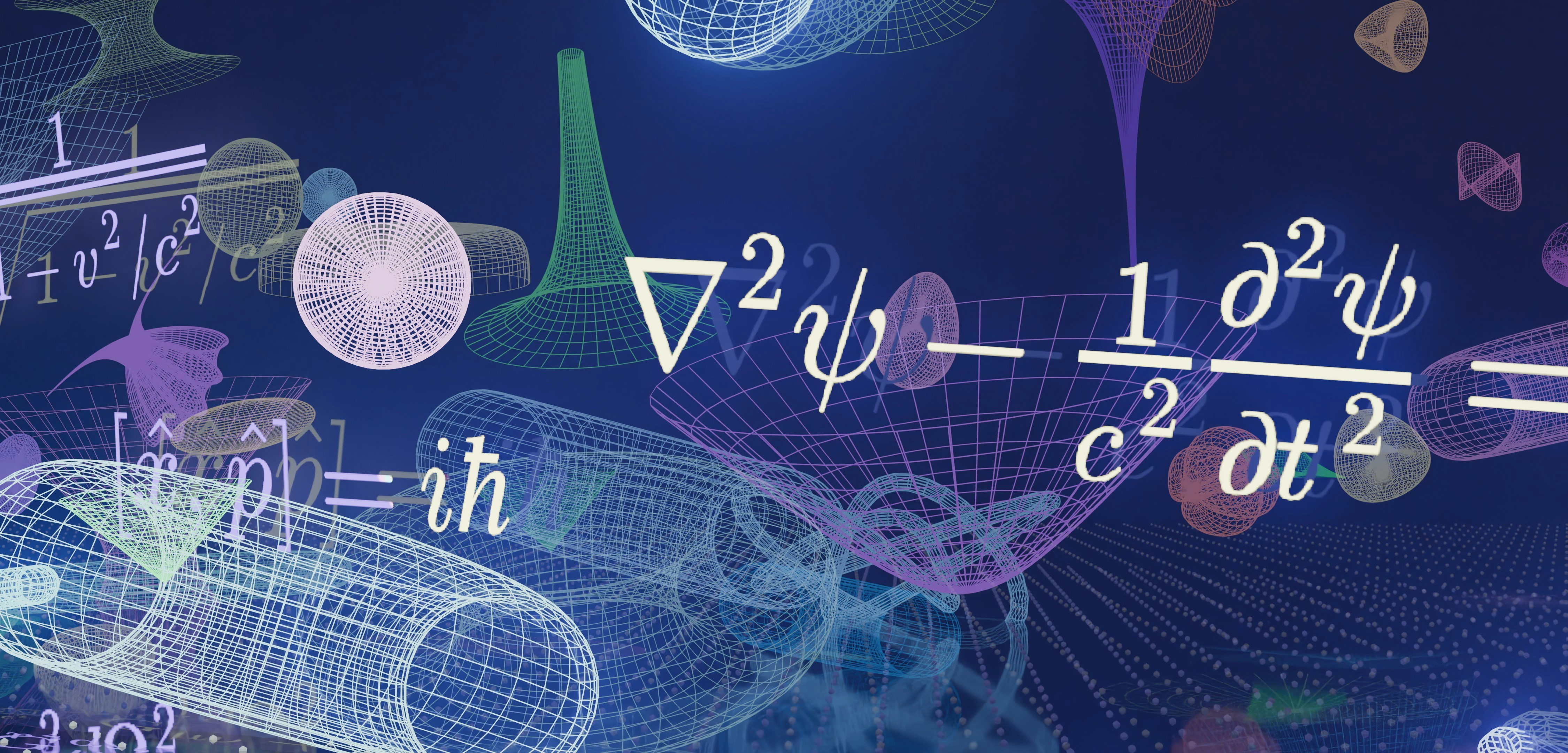 Quantum physics equations and abstract wireframe shapes on blue background.