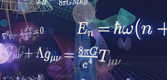 Scientific equations and abstract glowing forms against a dark background