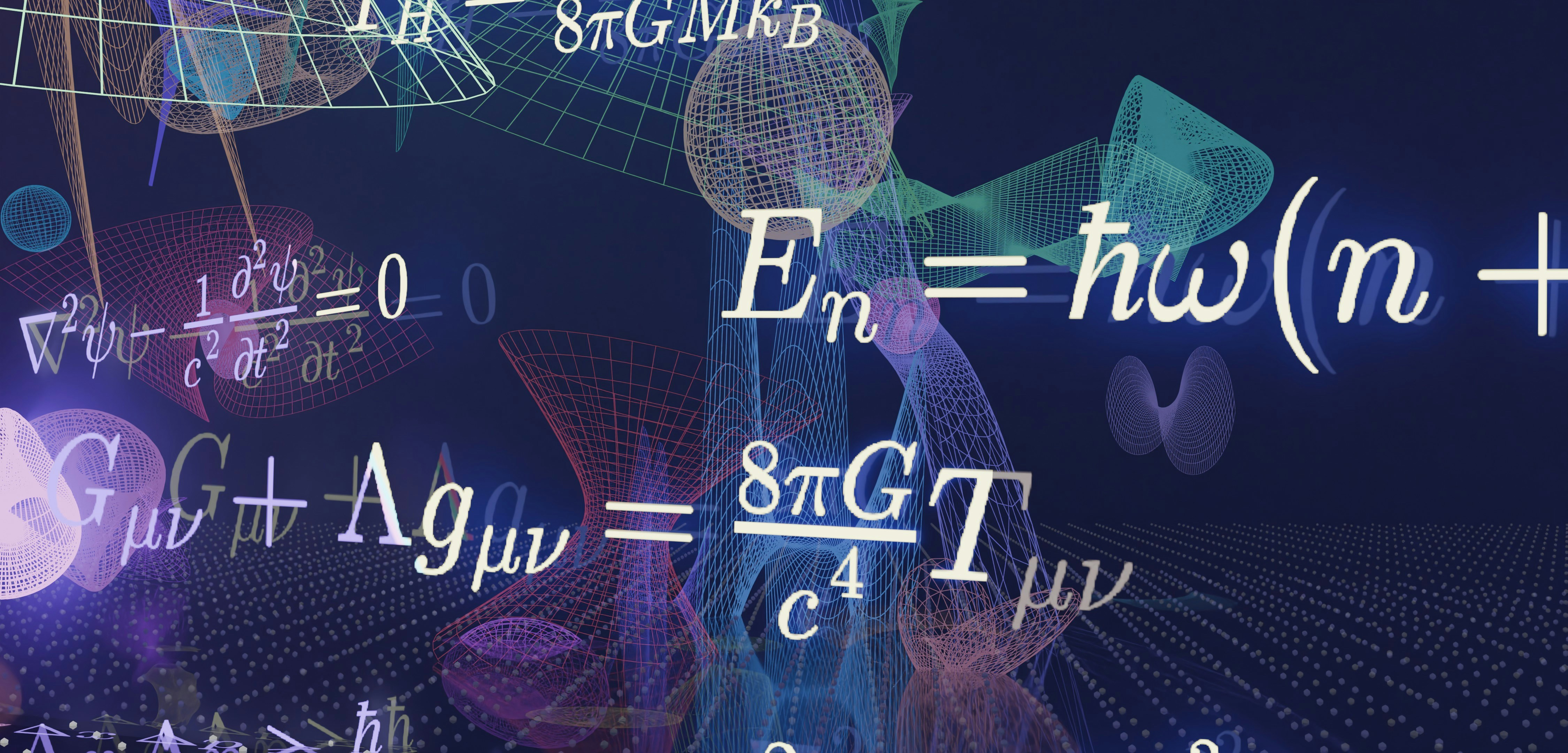 Scientific equations and abstract glowing forms against a dark background.