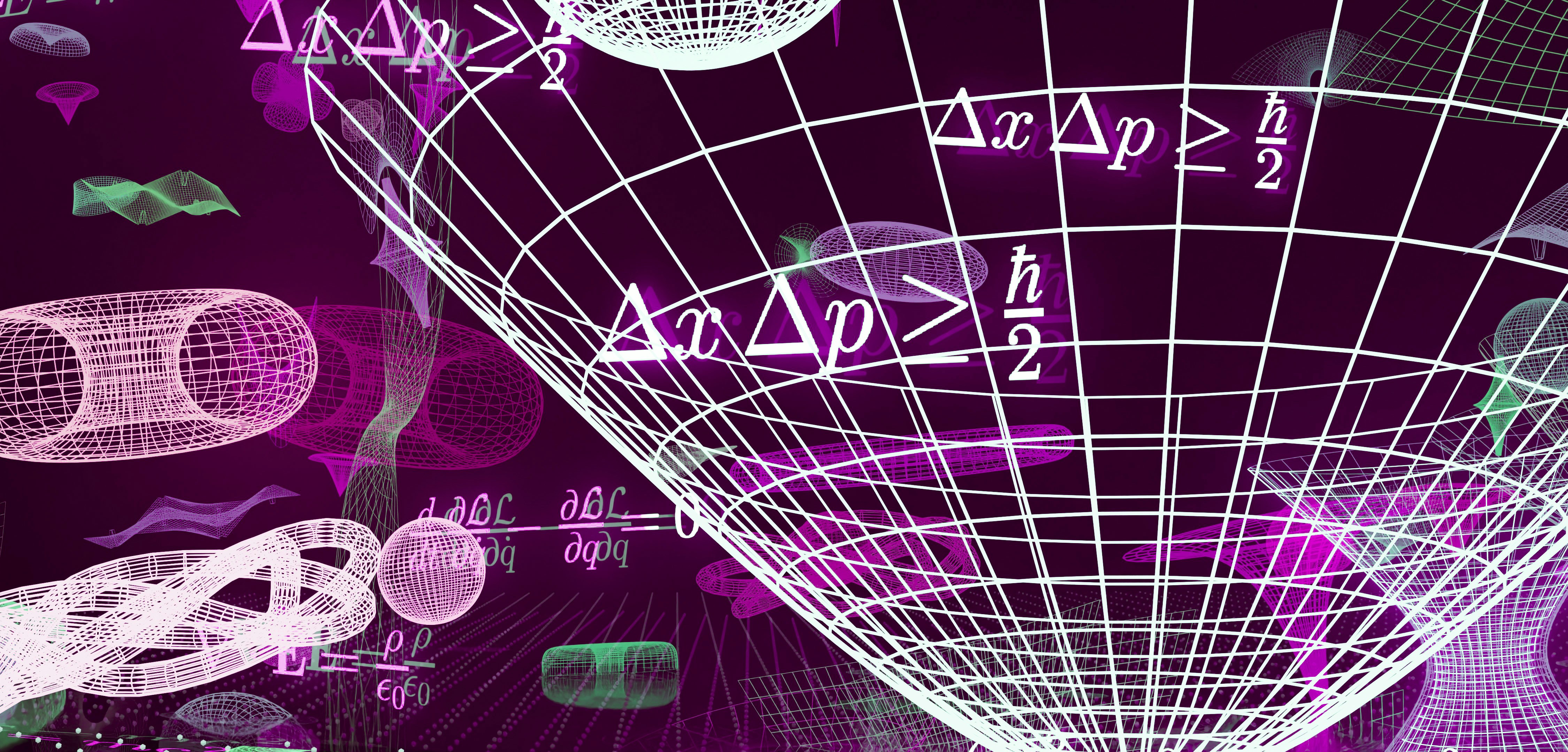 Abstract representation of physics equations and geometric shapes.