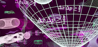 Abstract representation of physics equations and geometric shapes