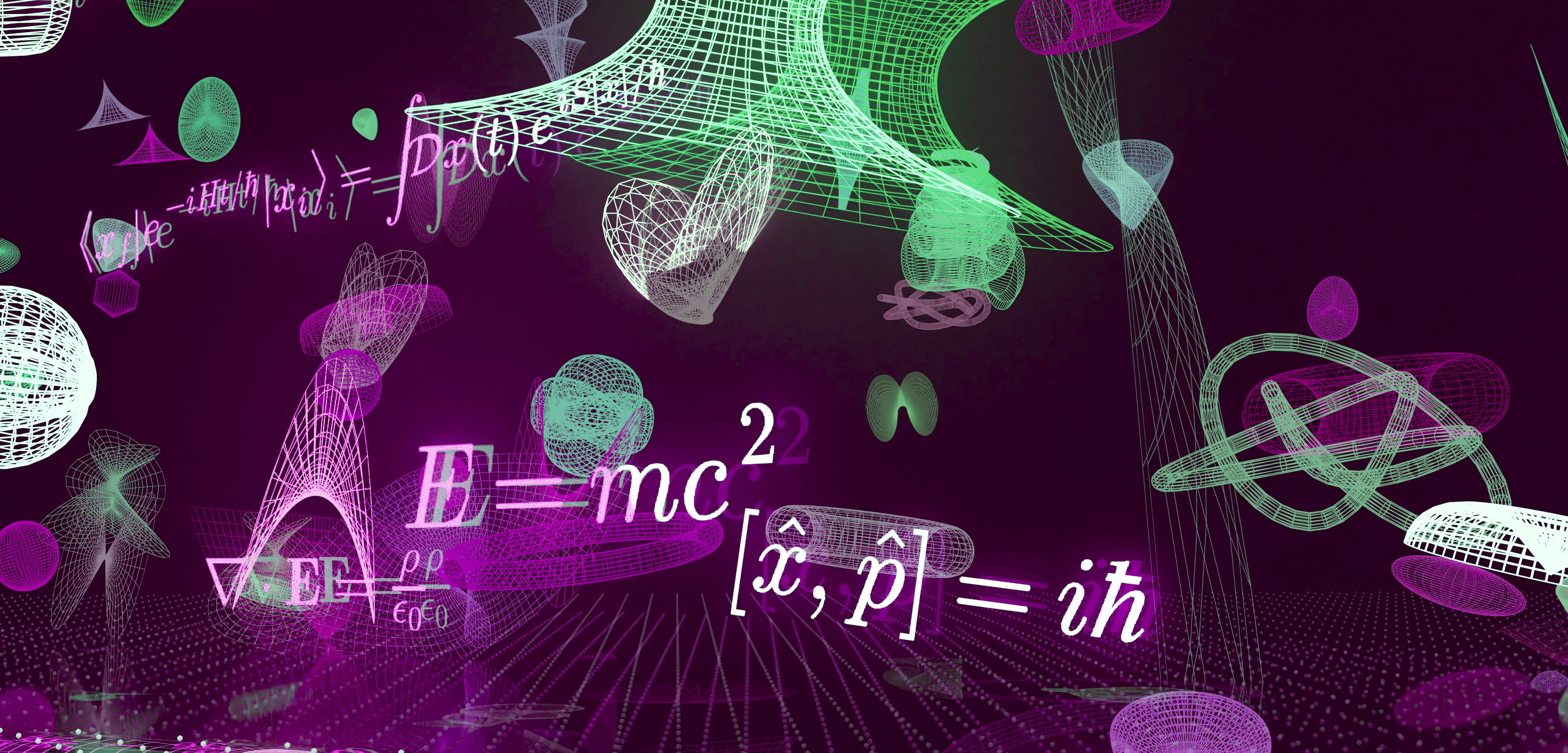 Scientific formulas and abstract glowing shapes on a purple background.