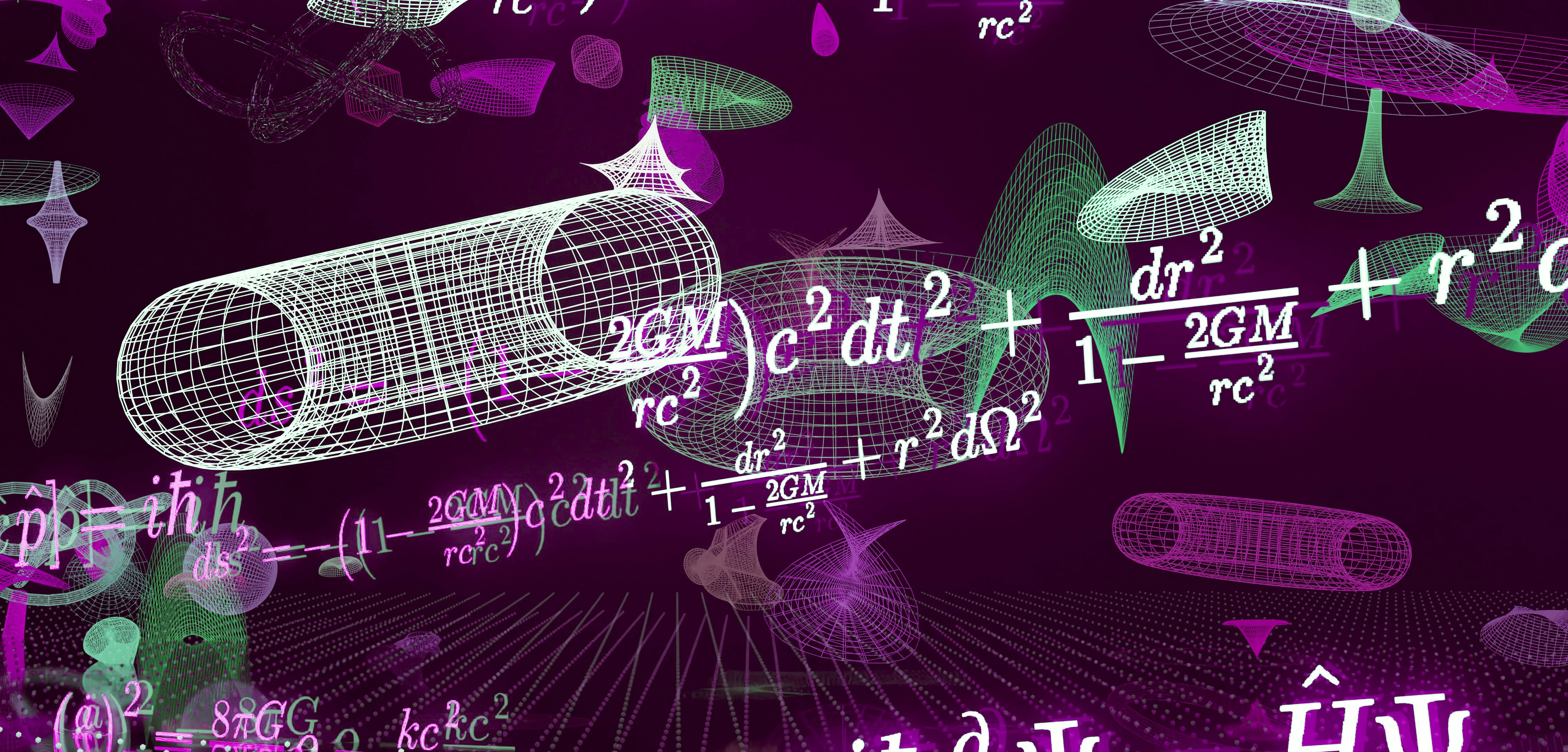 Complex mathematical equations and 3D shapes on a dark background.