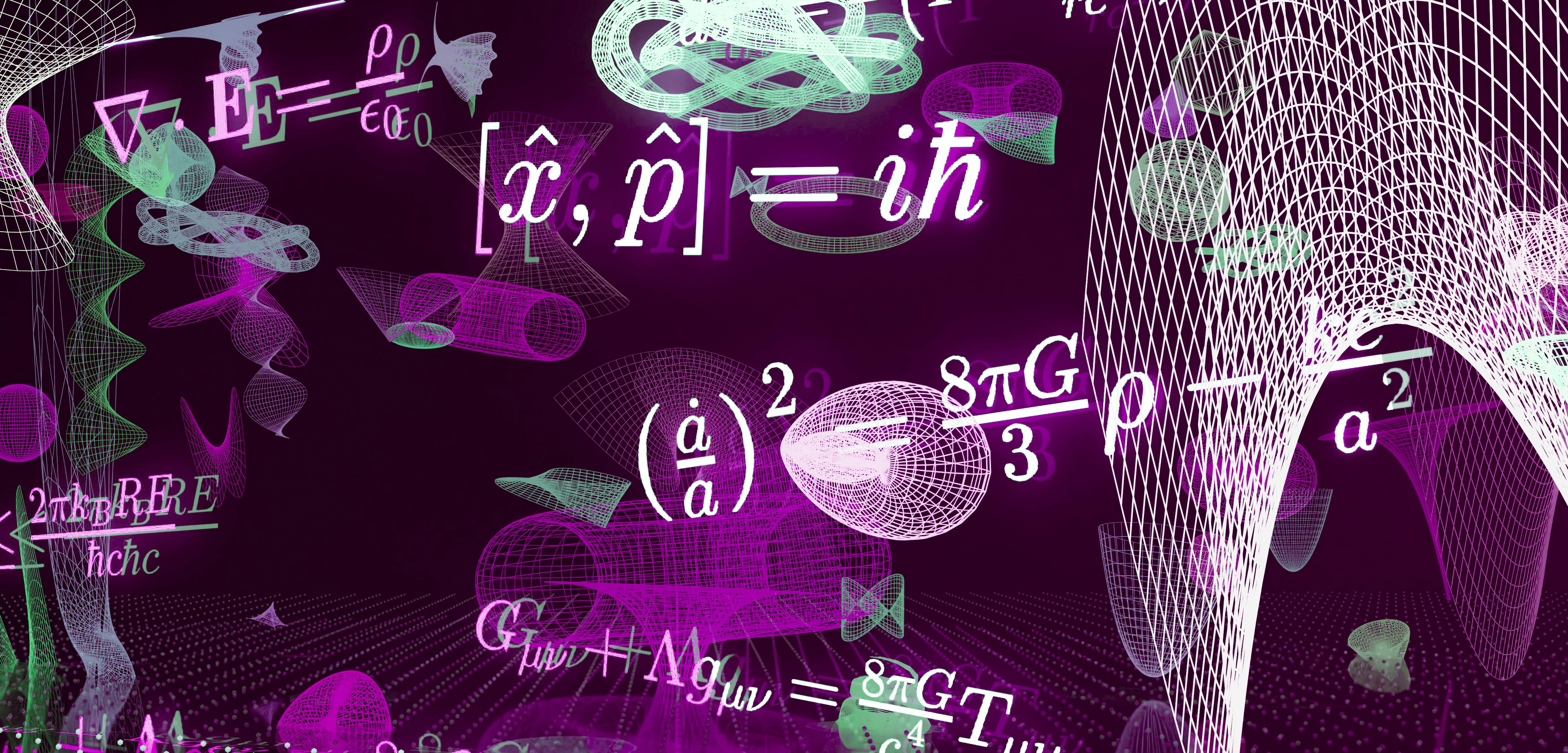 Complex physics and mathematical equations with abstract shapes.