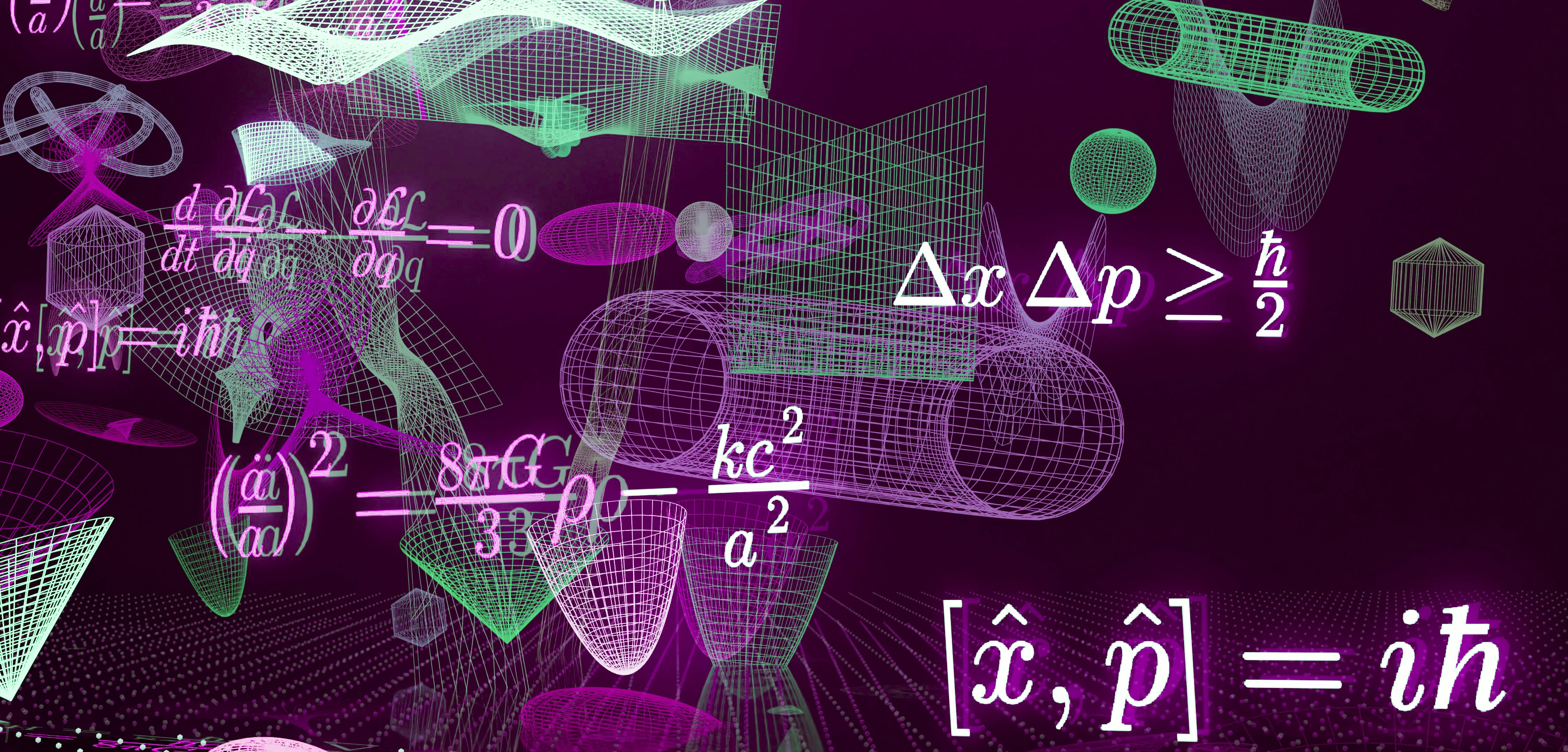 Abstract scientific equations with glowing wireframe 3D shapes.