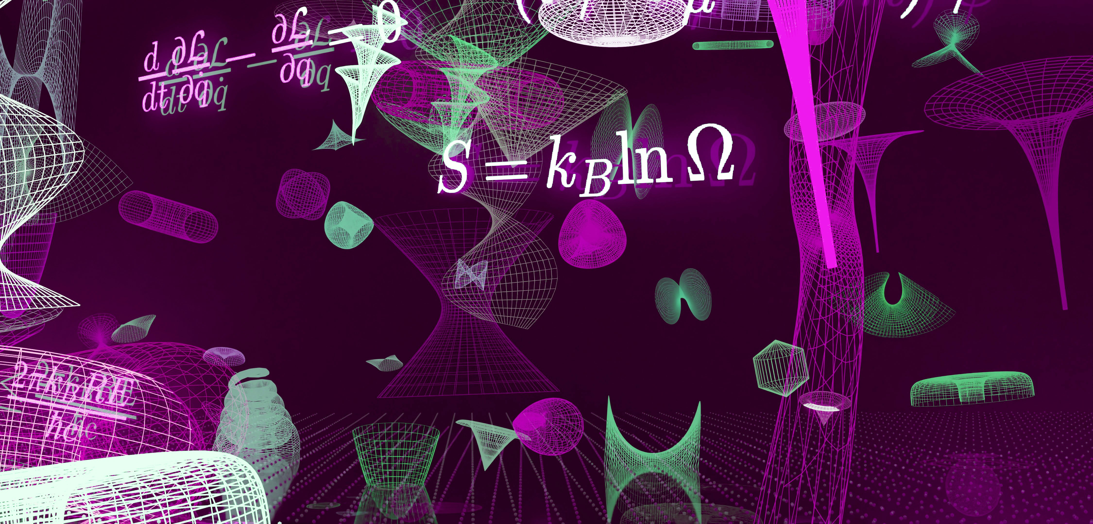 Vibrant abstract shapes and mathematical equations on dark background.