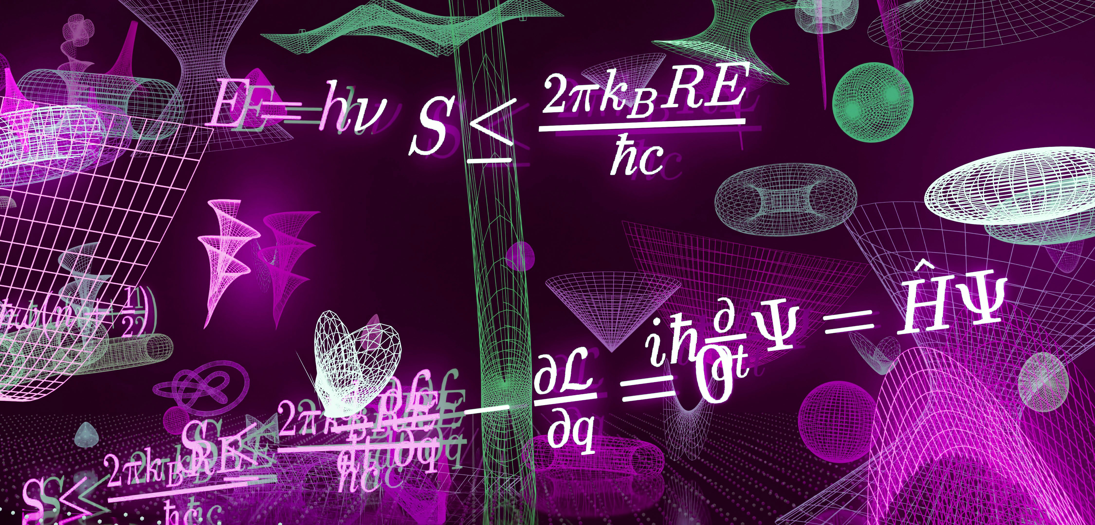 Abstract scientific equations and shapes in vibrant purple and green.