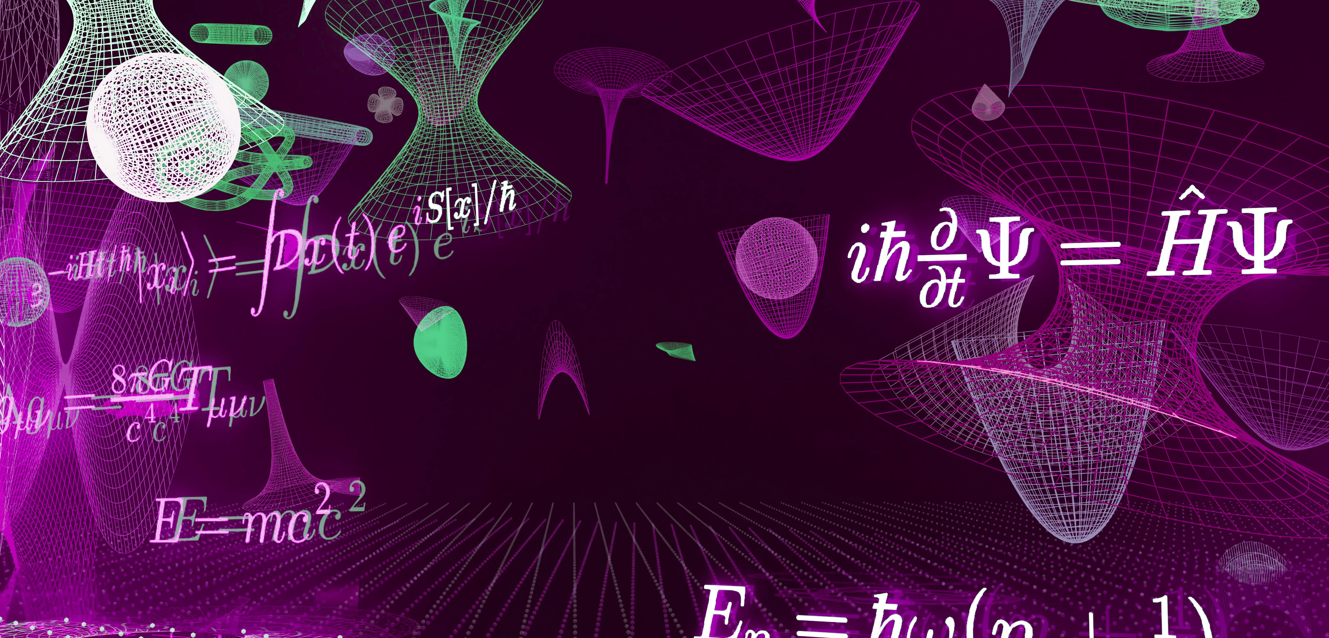 Complex mathematical equations and abstract shapes on a dark background.