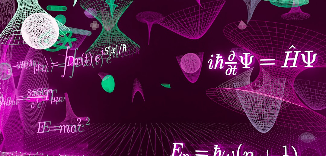 Complex mathematical equations and abstract shapes on a dark background.