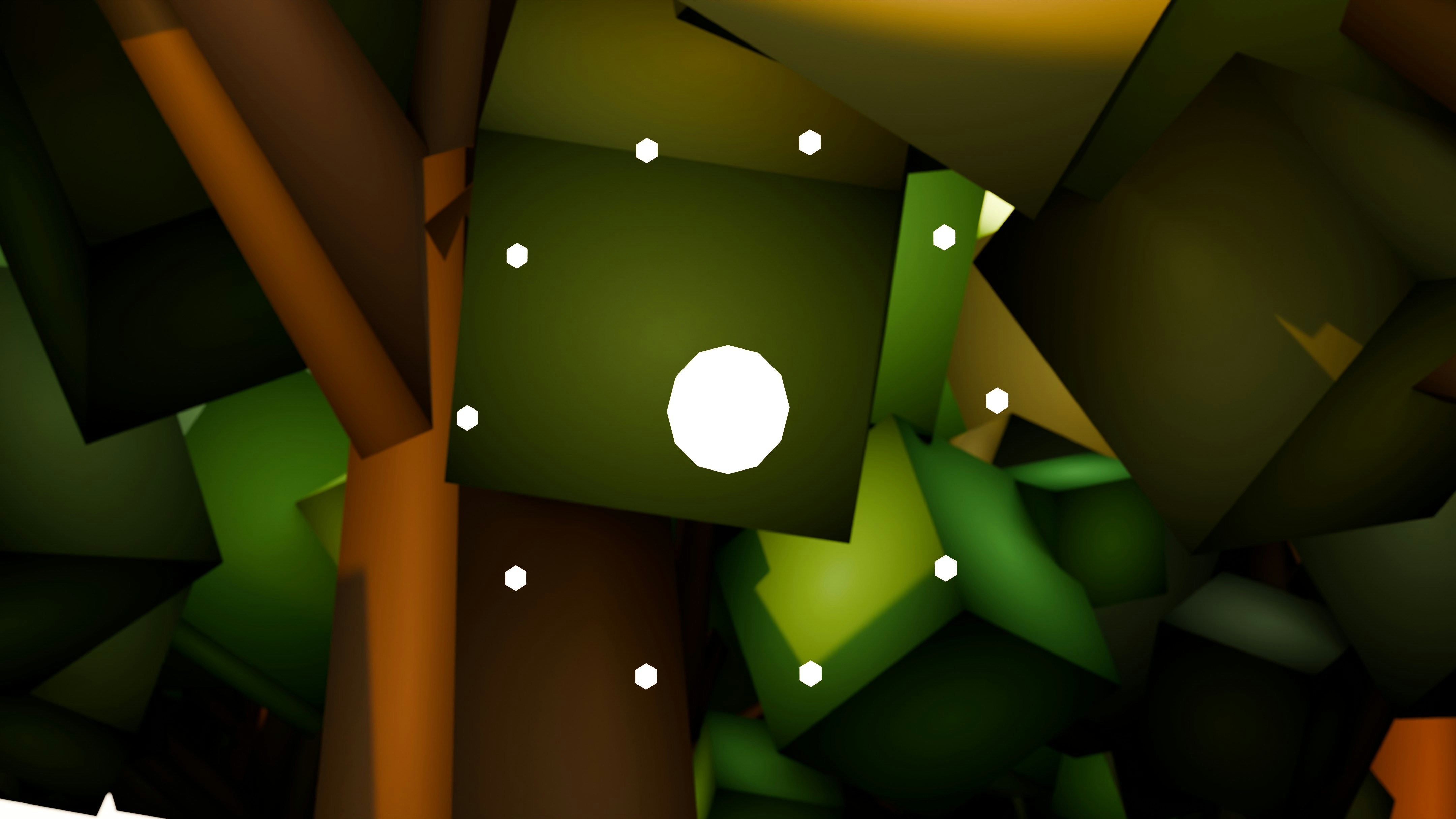 Abstract green and brown geometric shapes with white dots.