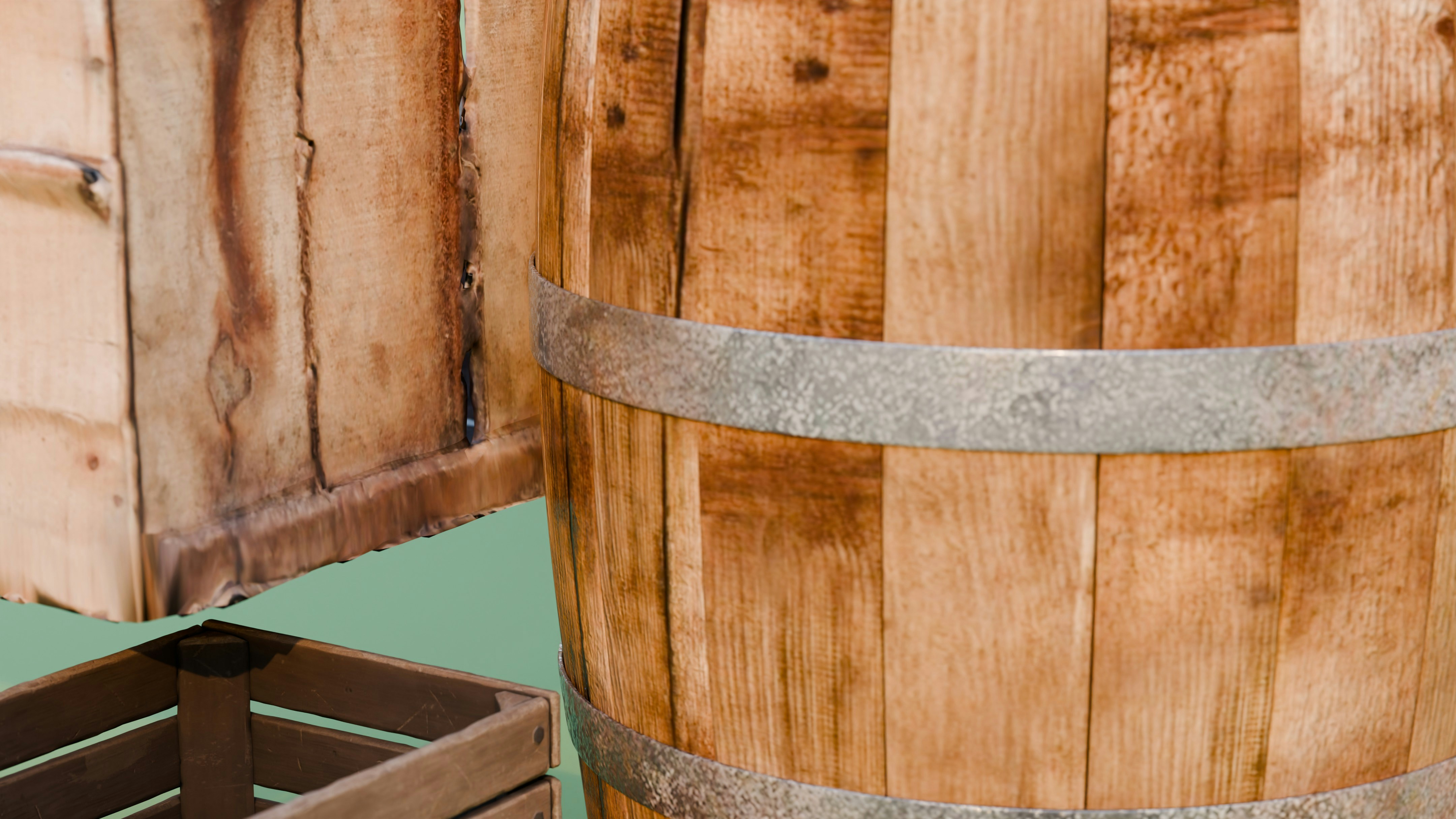 Wooden barrel and crates on a green background.
