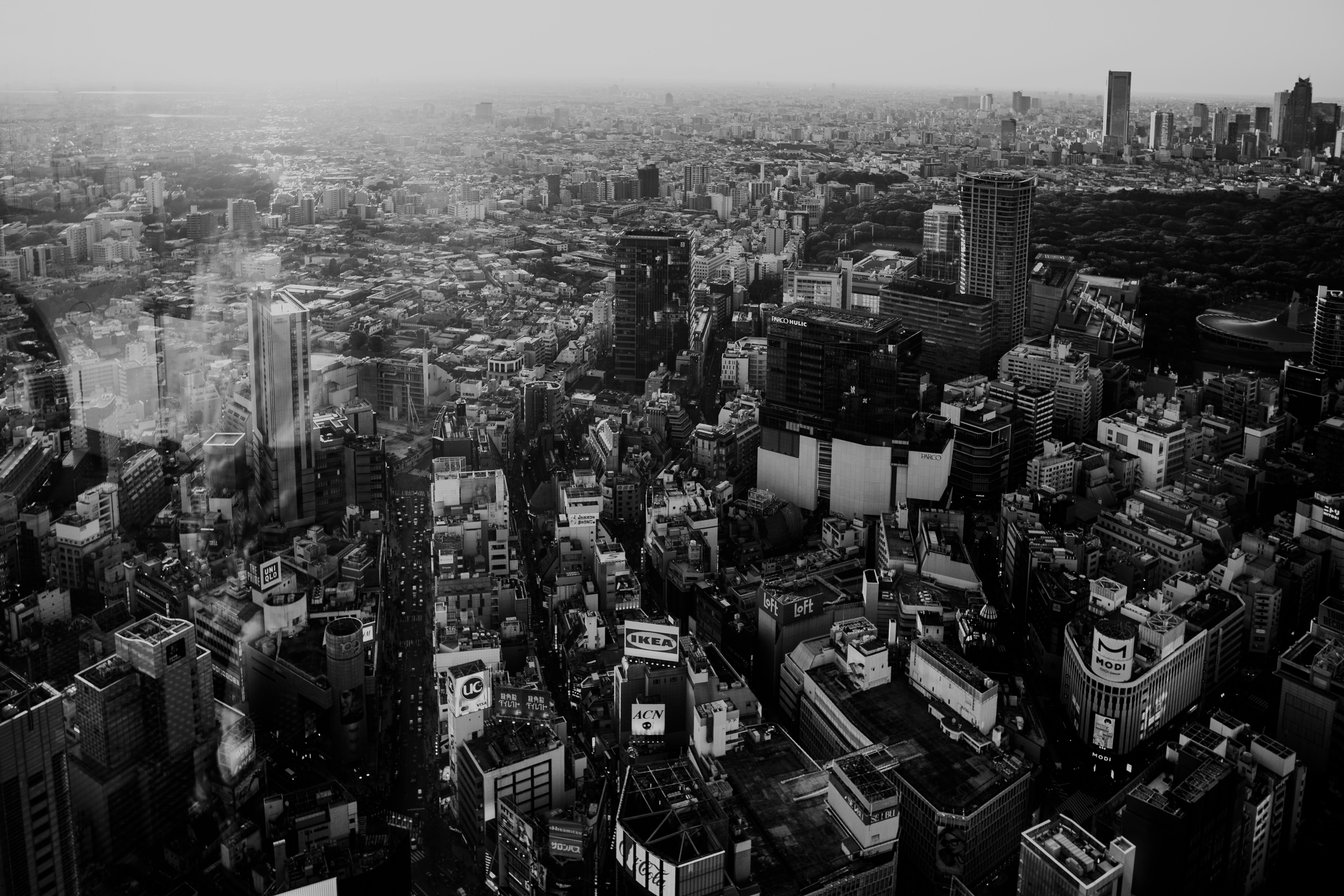 広大な都市の白黒空撮。