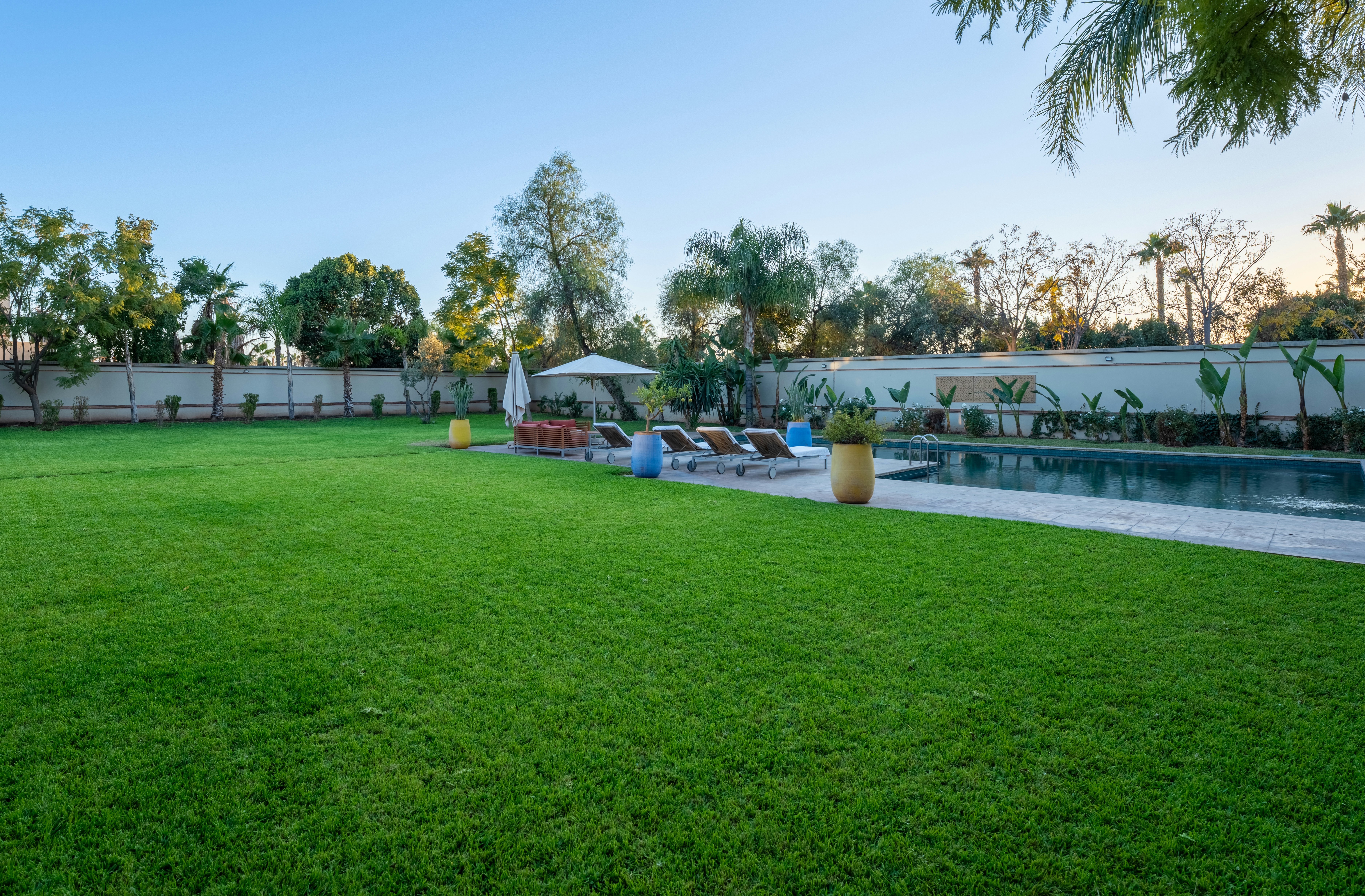 Spacious green lawn and swimming pool with lounge chairs.