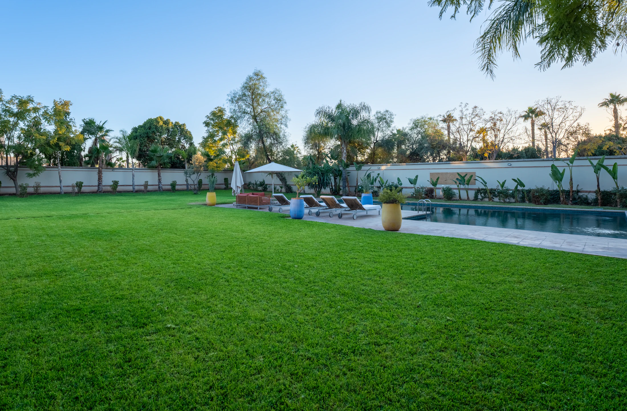 Broad green lawn beside a pool and lounge chairs