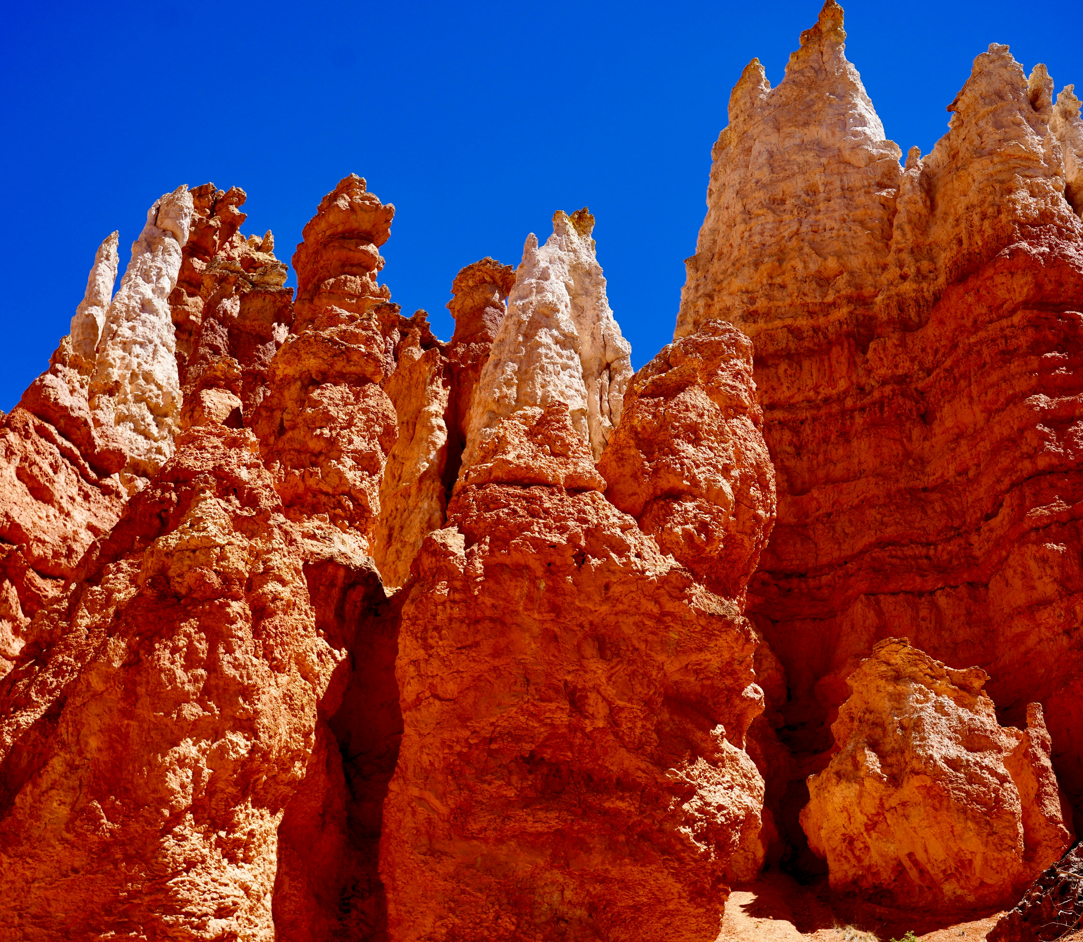 Maestosi hoodoo si alzano contro un cielo azzurro vibrante.