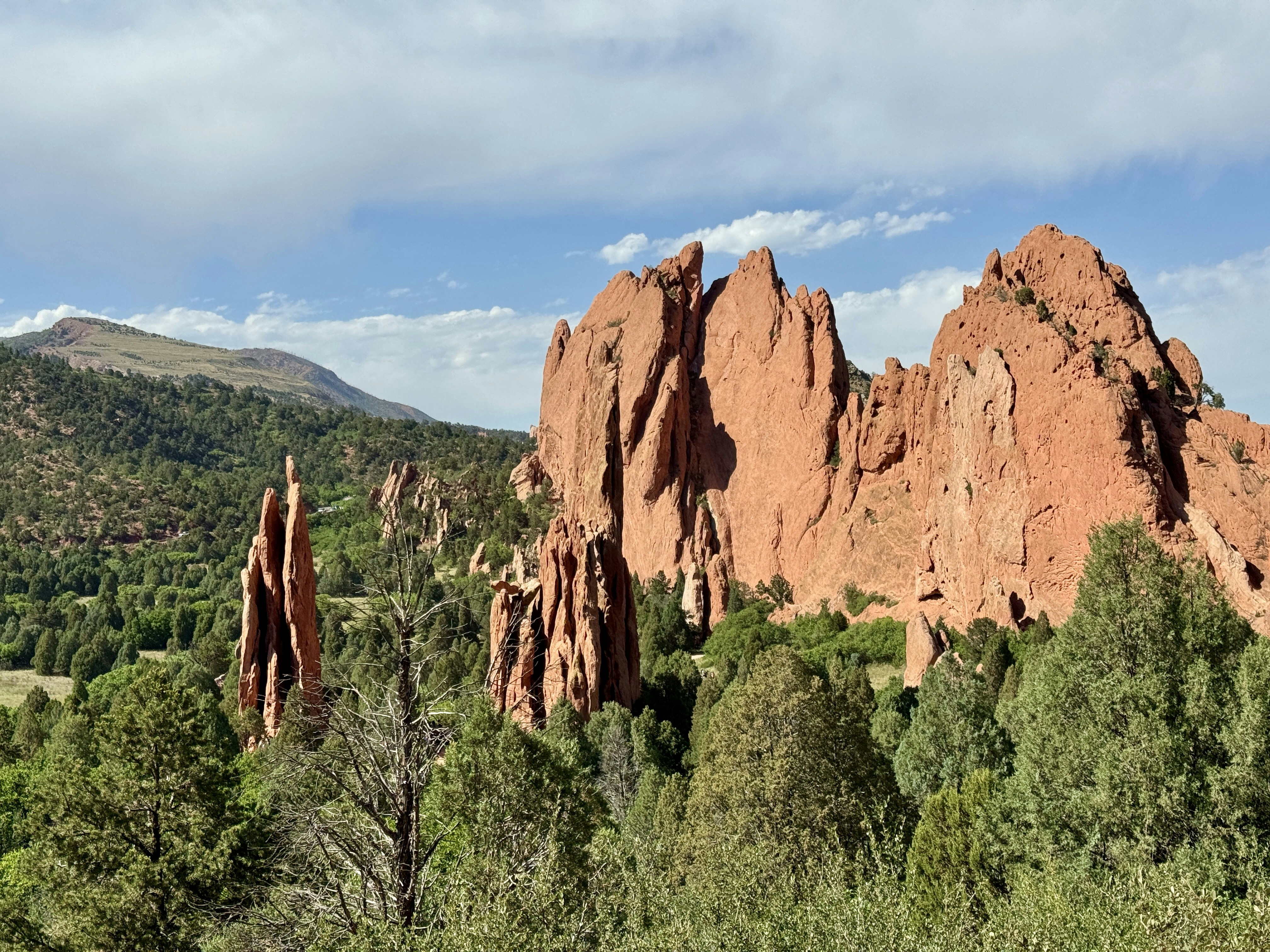 Impresionantes formaciones rocosas rojas entre árboles verdes y montañas lejanas.