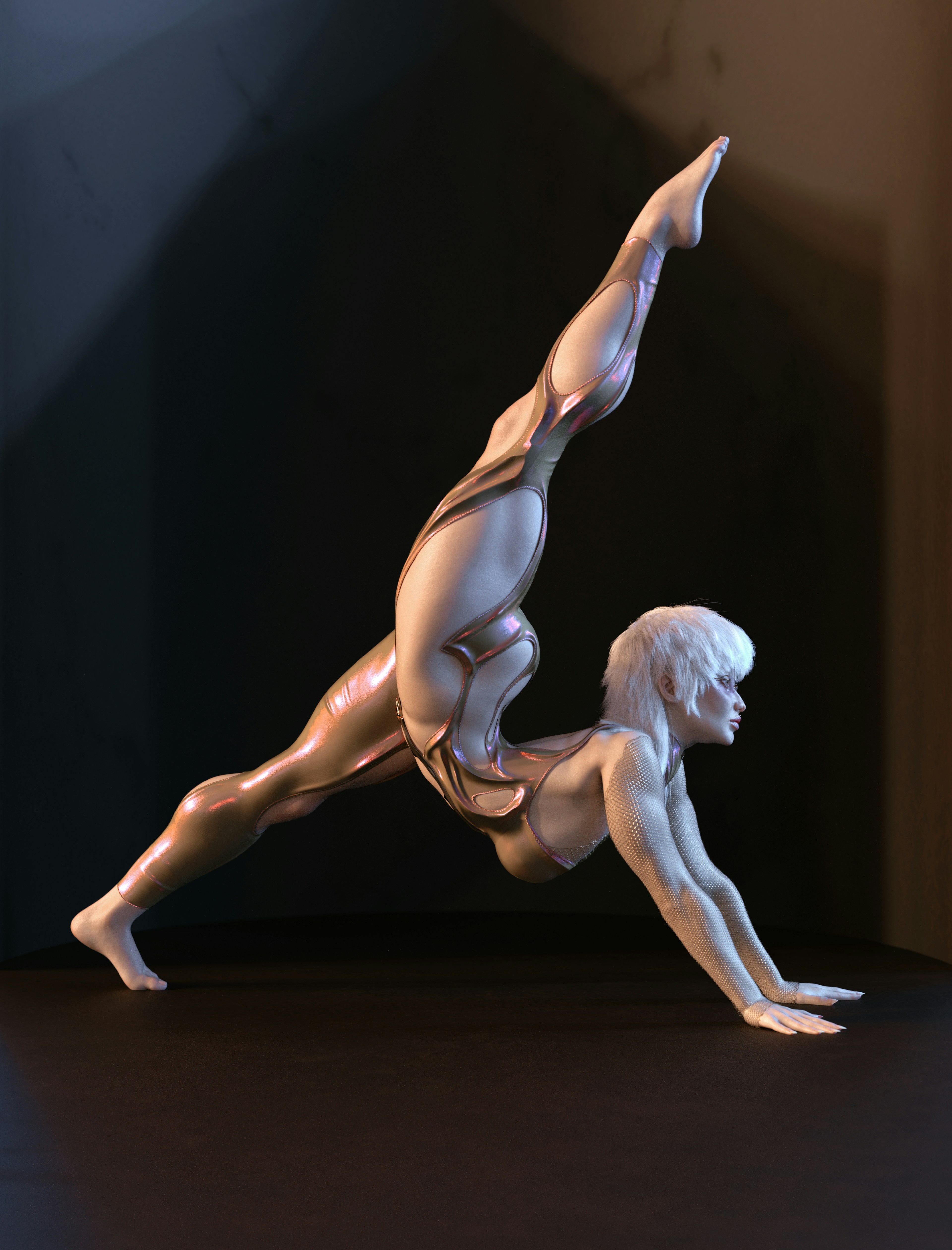 Futuristic humanoid figure in a dynamic, acrobatic pose