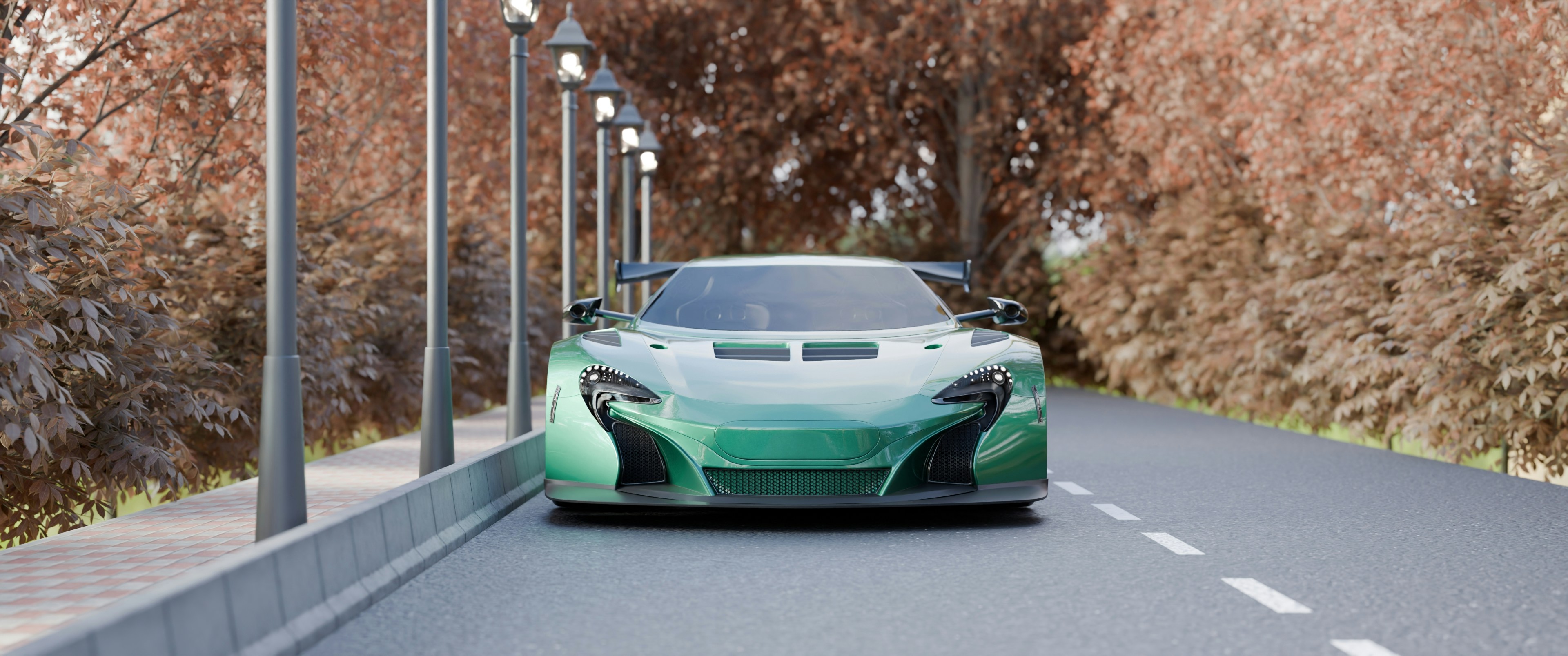 Elegante sportiva verde che guida su una strada alberata