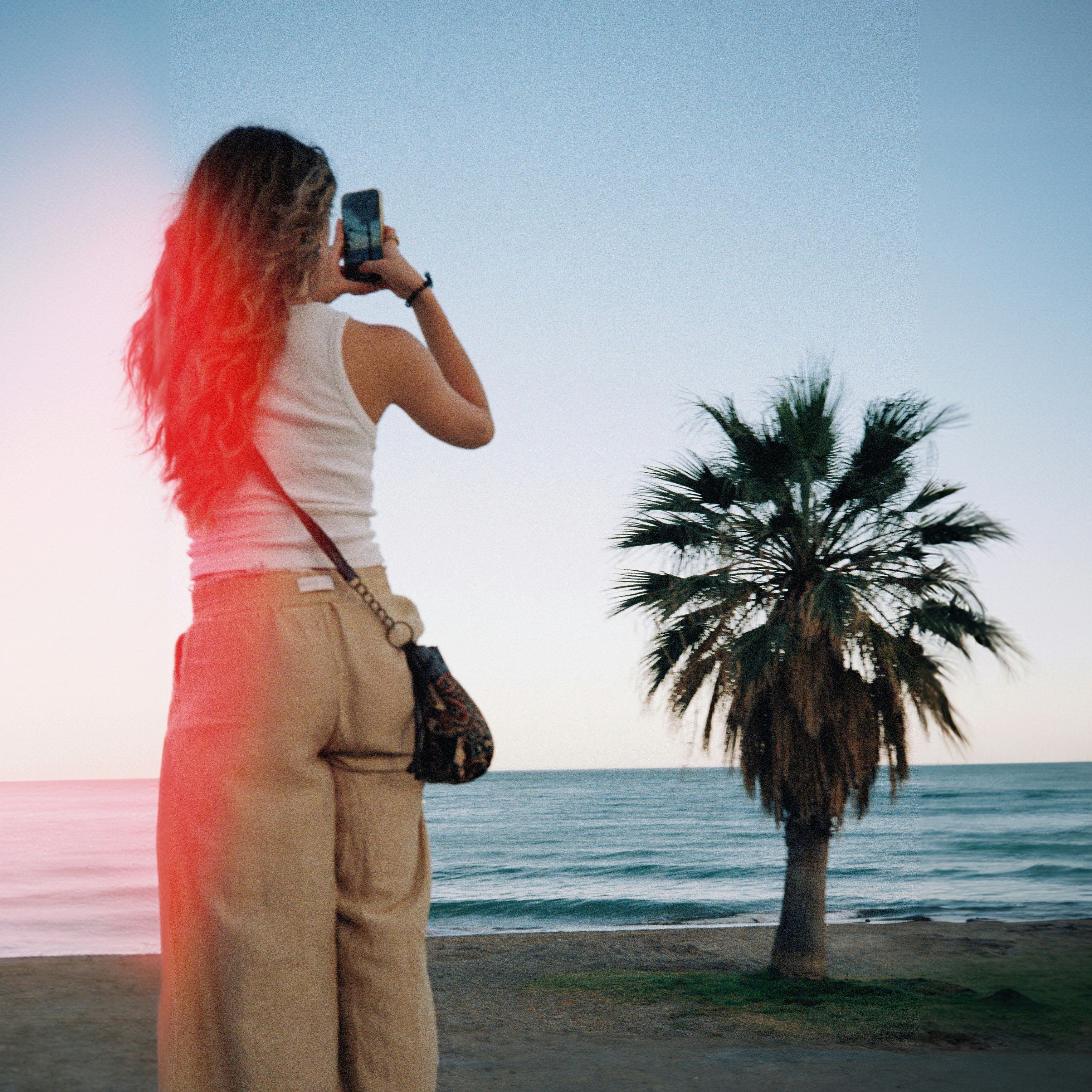 Woman photographing palm tree on málaga beach with light leak