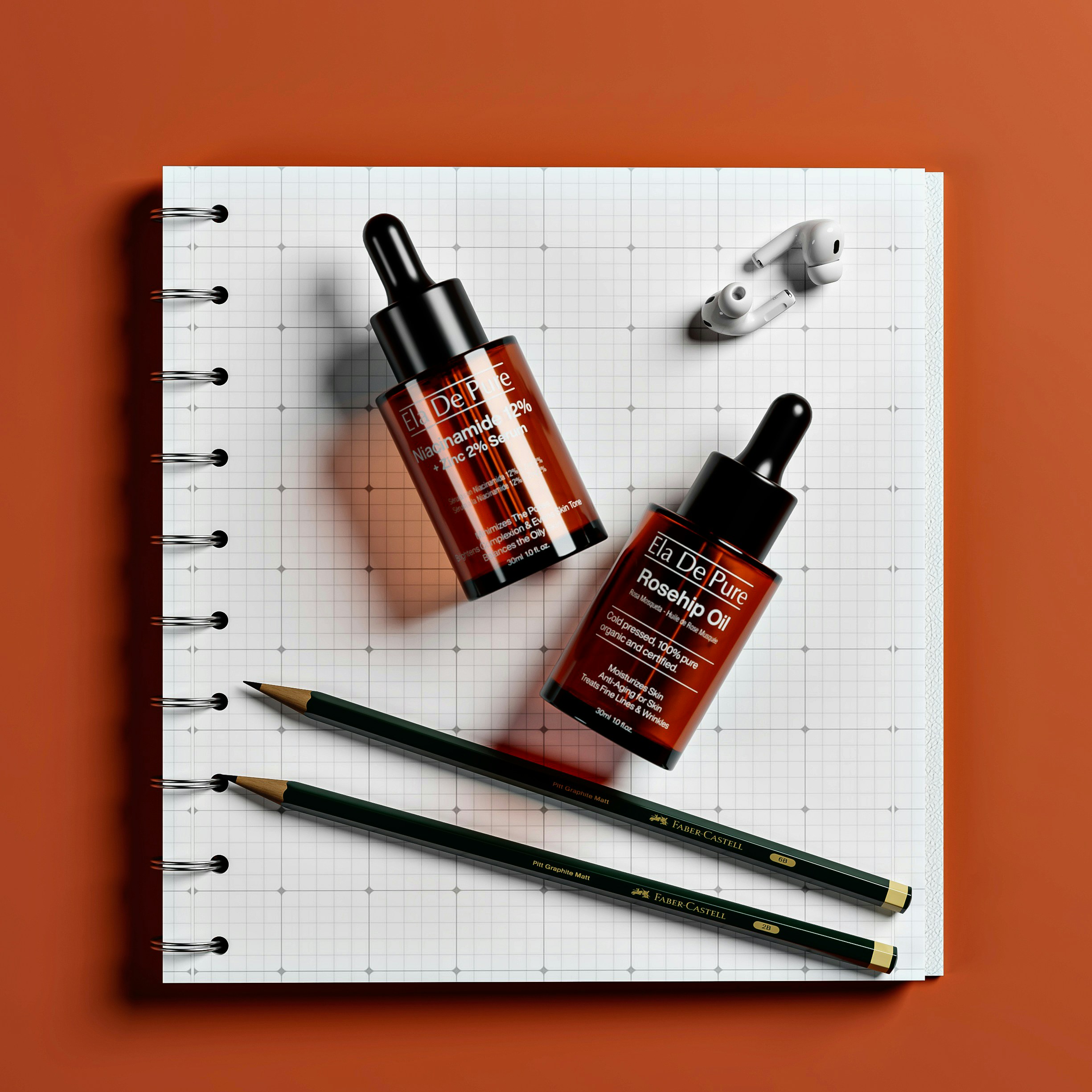 Flacon contagocce cosmetici, matite e gomma su un quaderno a griglia.