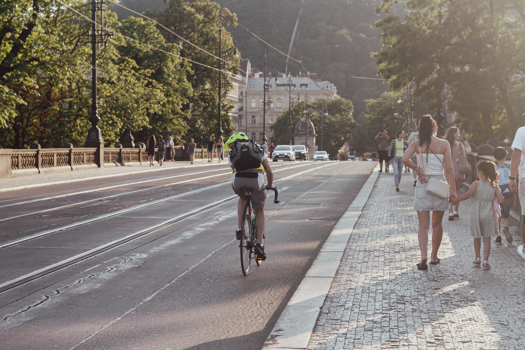 Urban cyclist carrying practical cycling equipment