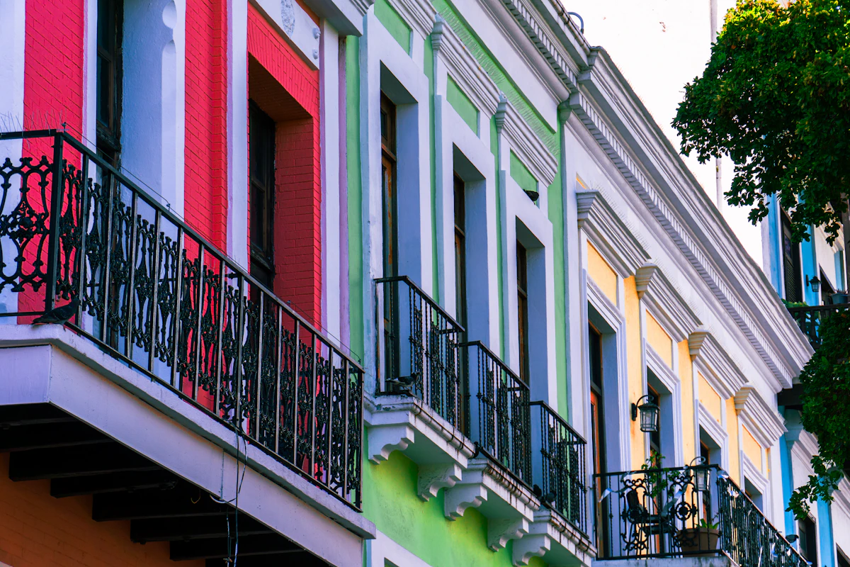 Colorful colonial buildings and balconies along an Old San Juan street in Puerto Rico