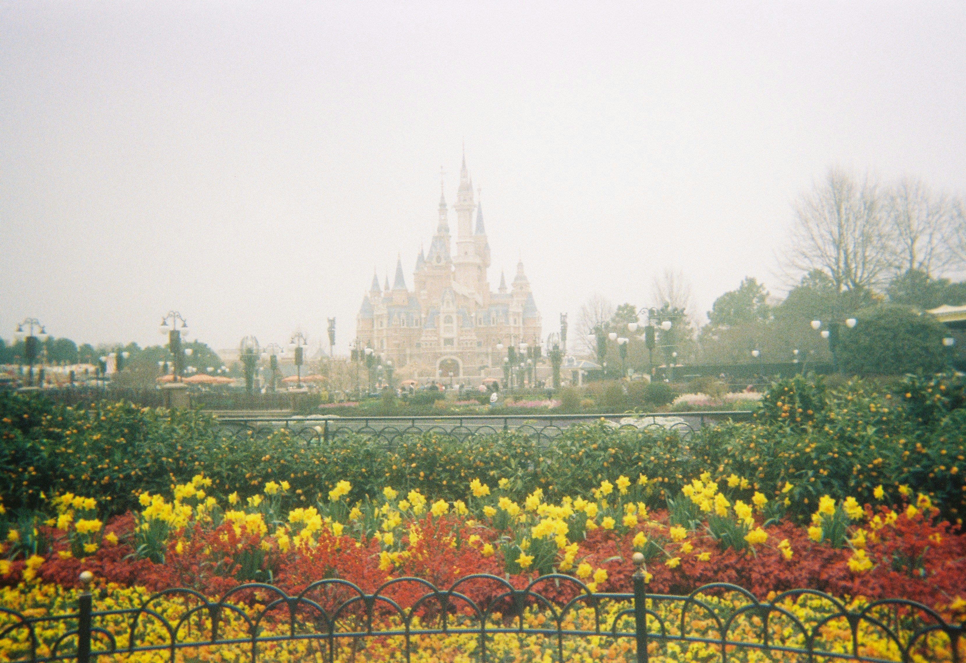 Colorful flowers bloom in front of a fairytale castle.