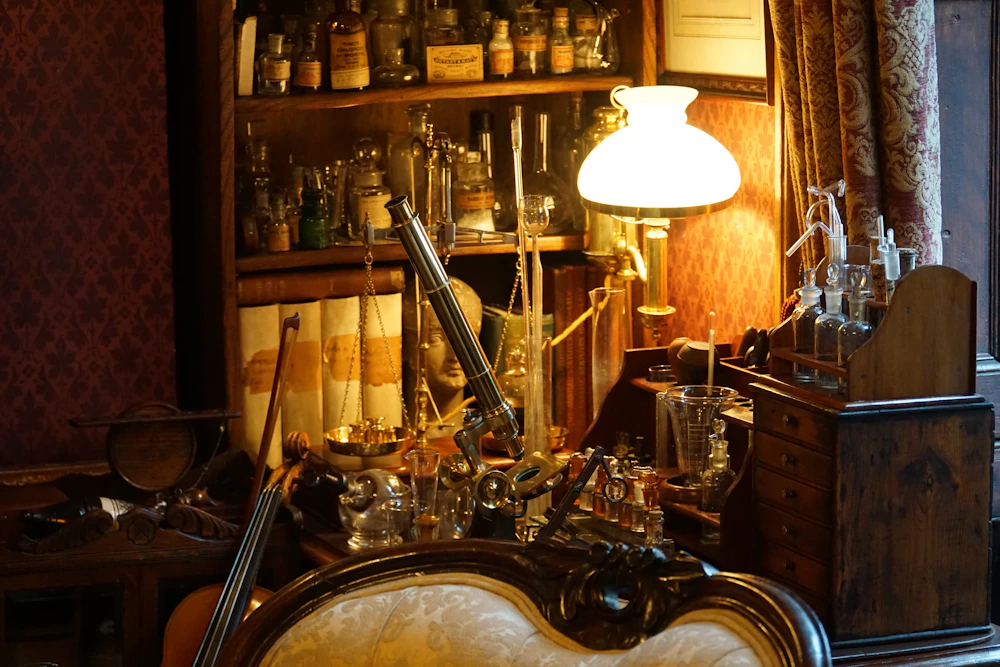 A vintage study desk with scientific instruments and old bottles