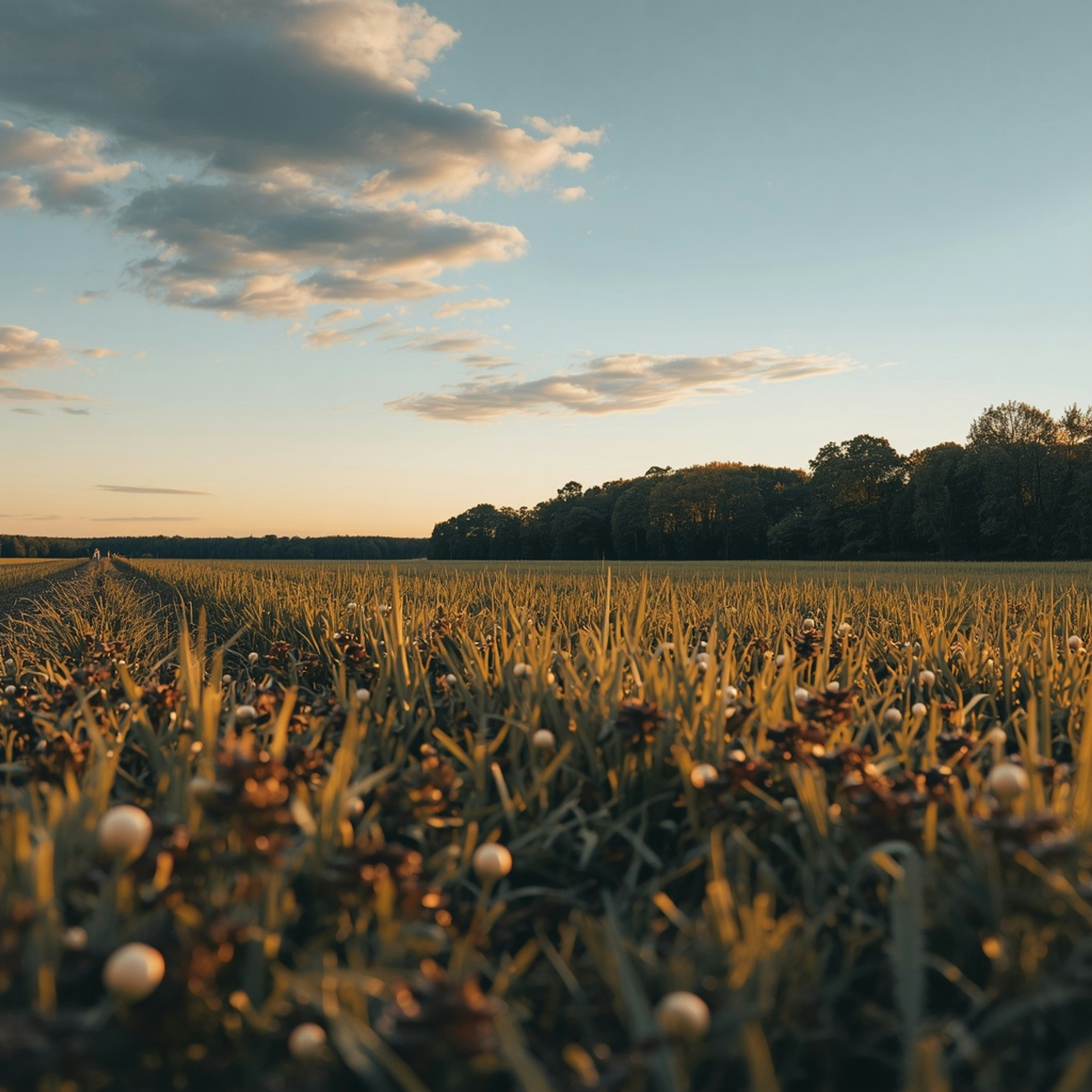 Cultivated farmland with crops under a warm sky