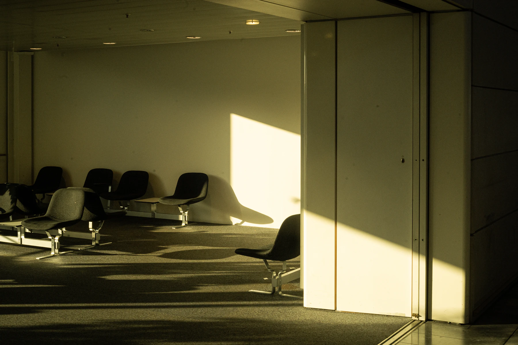 Empty lounge chairs in a band of low evening sun, a wall of pale panels