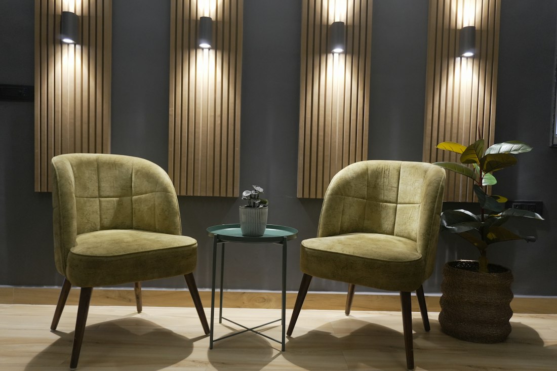 Poltronas e planta no consultório