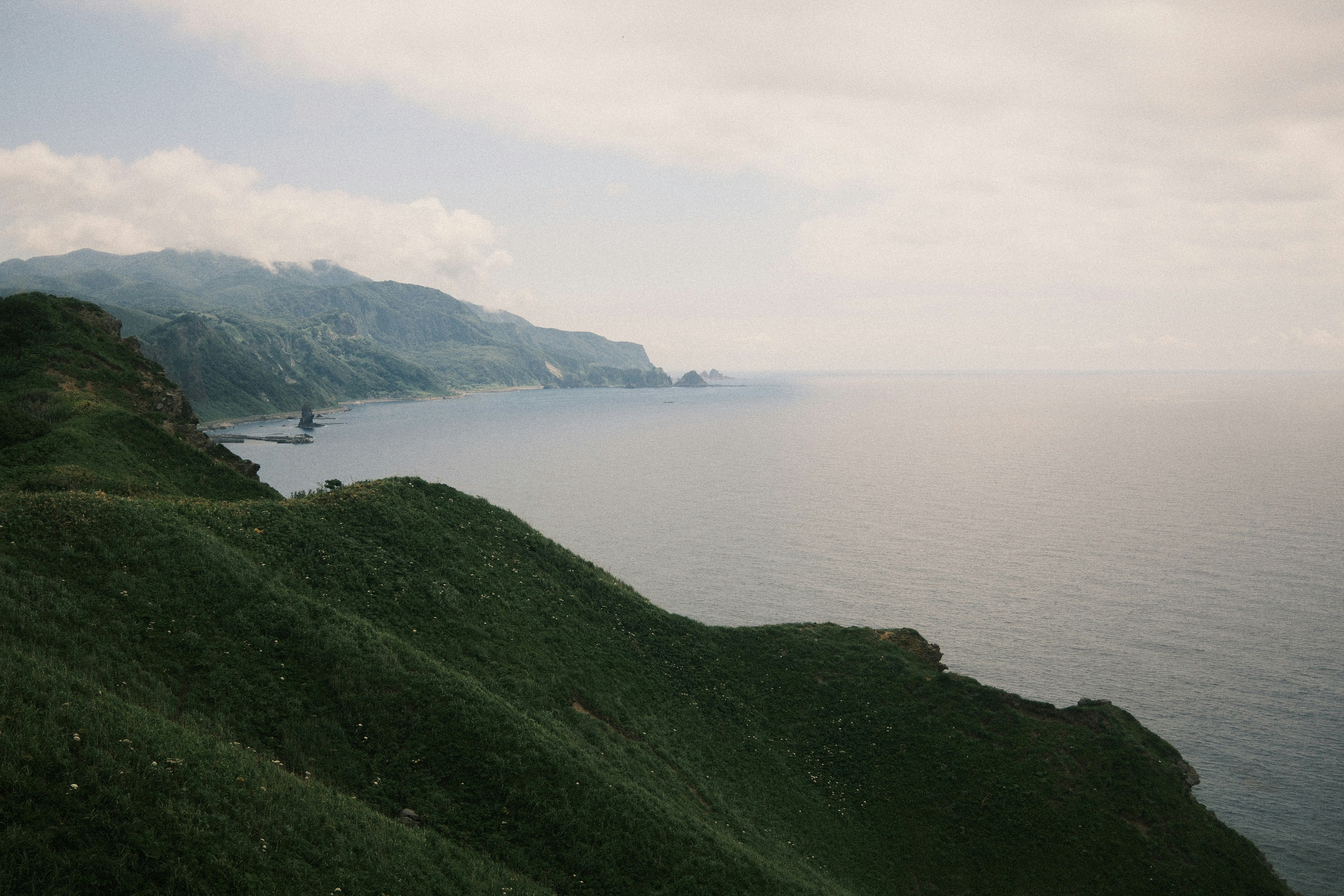 Green hills meet the vast ocean under a cloudy sky