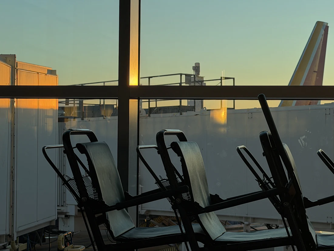 Airport terminal at sunset