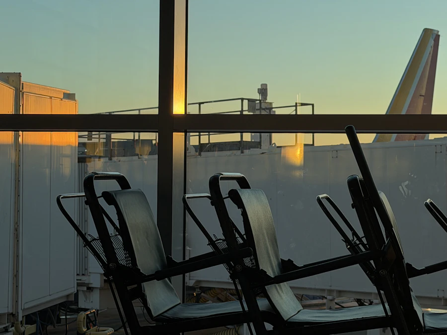 Airport terminal at sunset