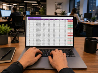 Hands typing on a laptop displaying a data spreadsheet.
