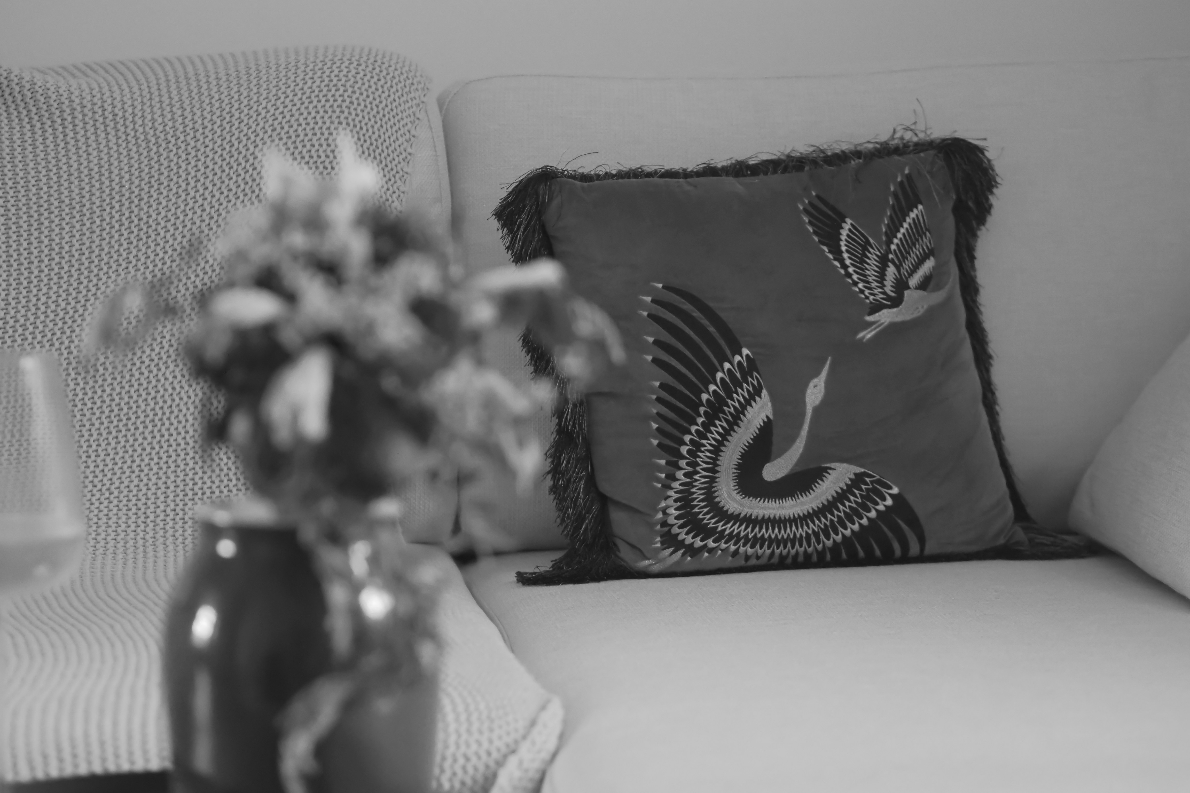 Couch with decorative bird pillow and blurred flowers