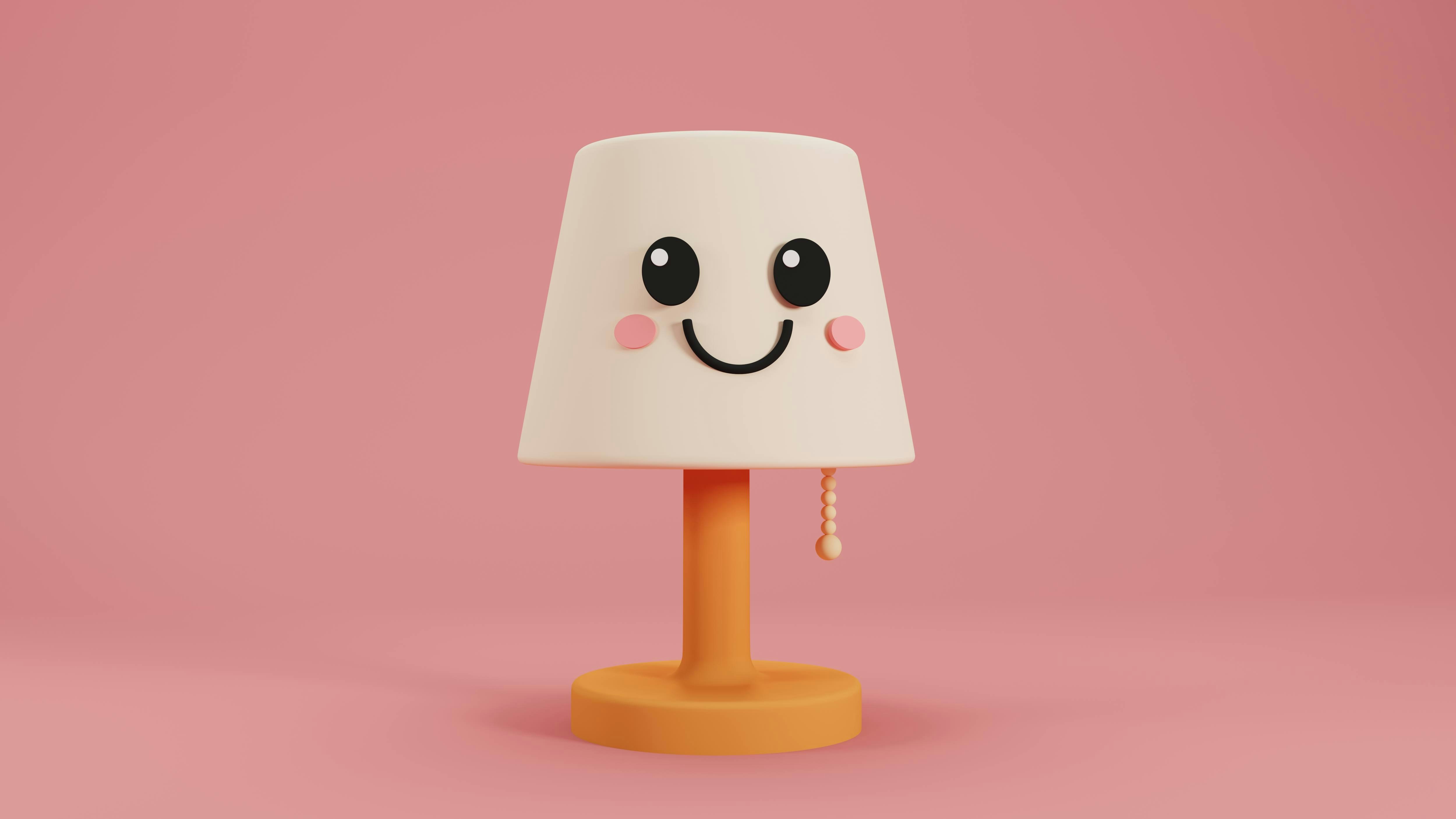 Lampada sorridente a cartone animato su uno sfondo rosa pieno.
