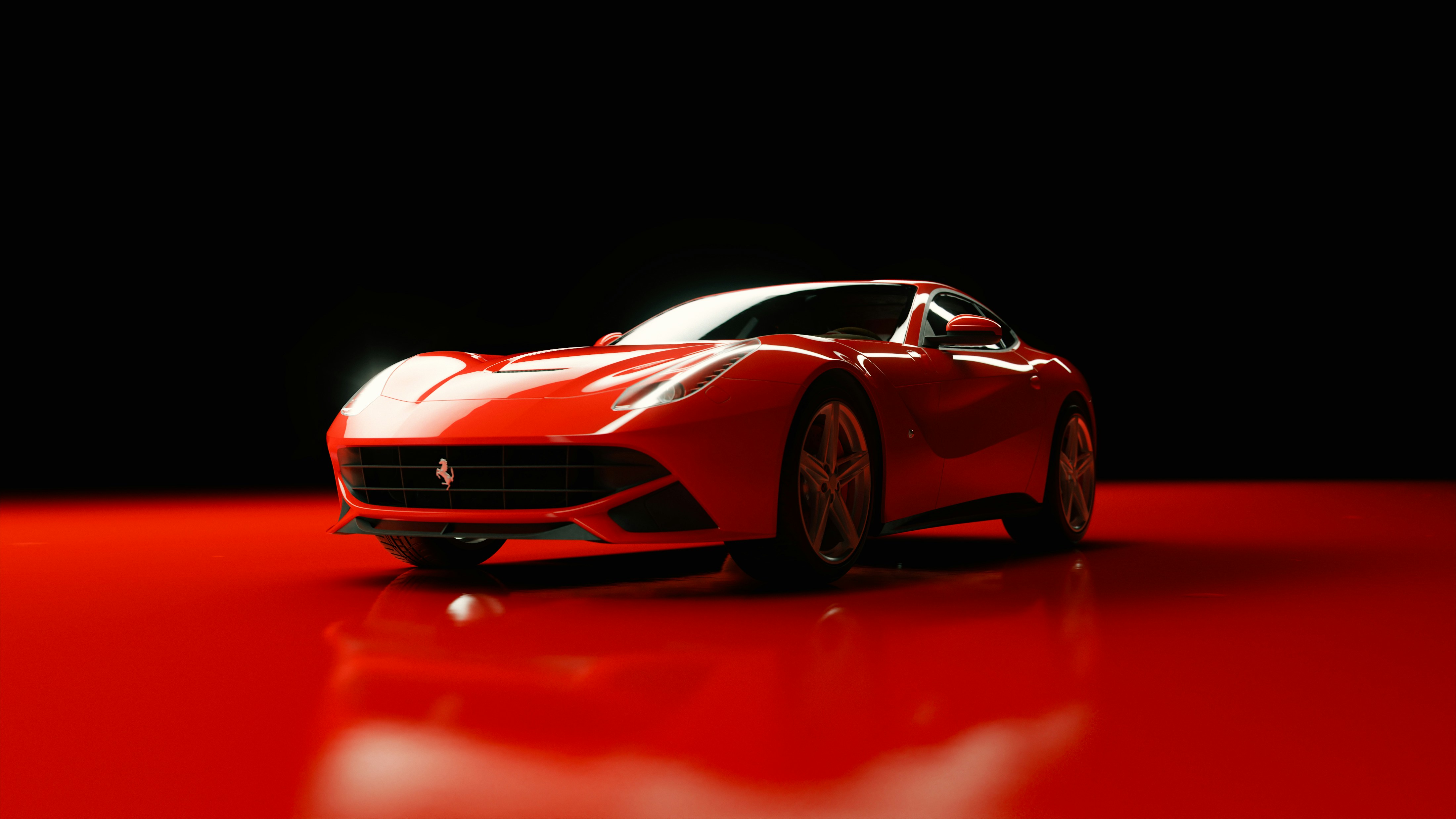 Red sports car render on reflective red surface